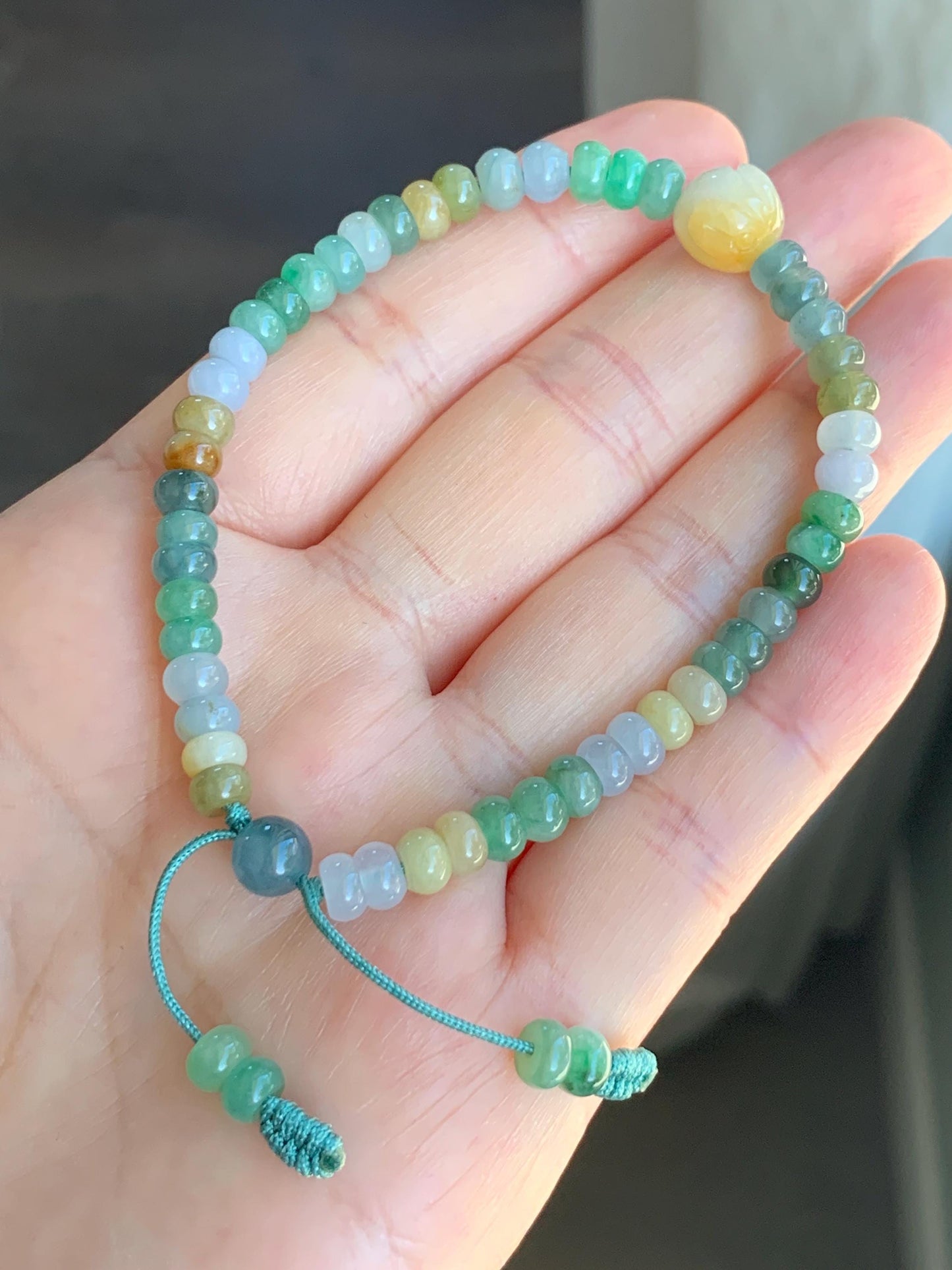 Natural Grade A Icy Translucent Multicolored Jadeite Flat Beads Carved Bunny Rabbit Charm Beaded Bracelet 7.25" 天然冰多宝翡翠算盘珠黄翡面包兔手串 DBSP297