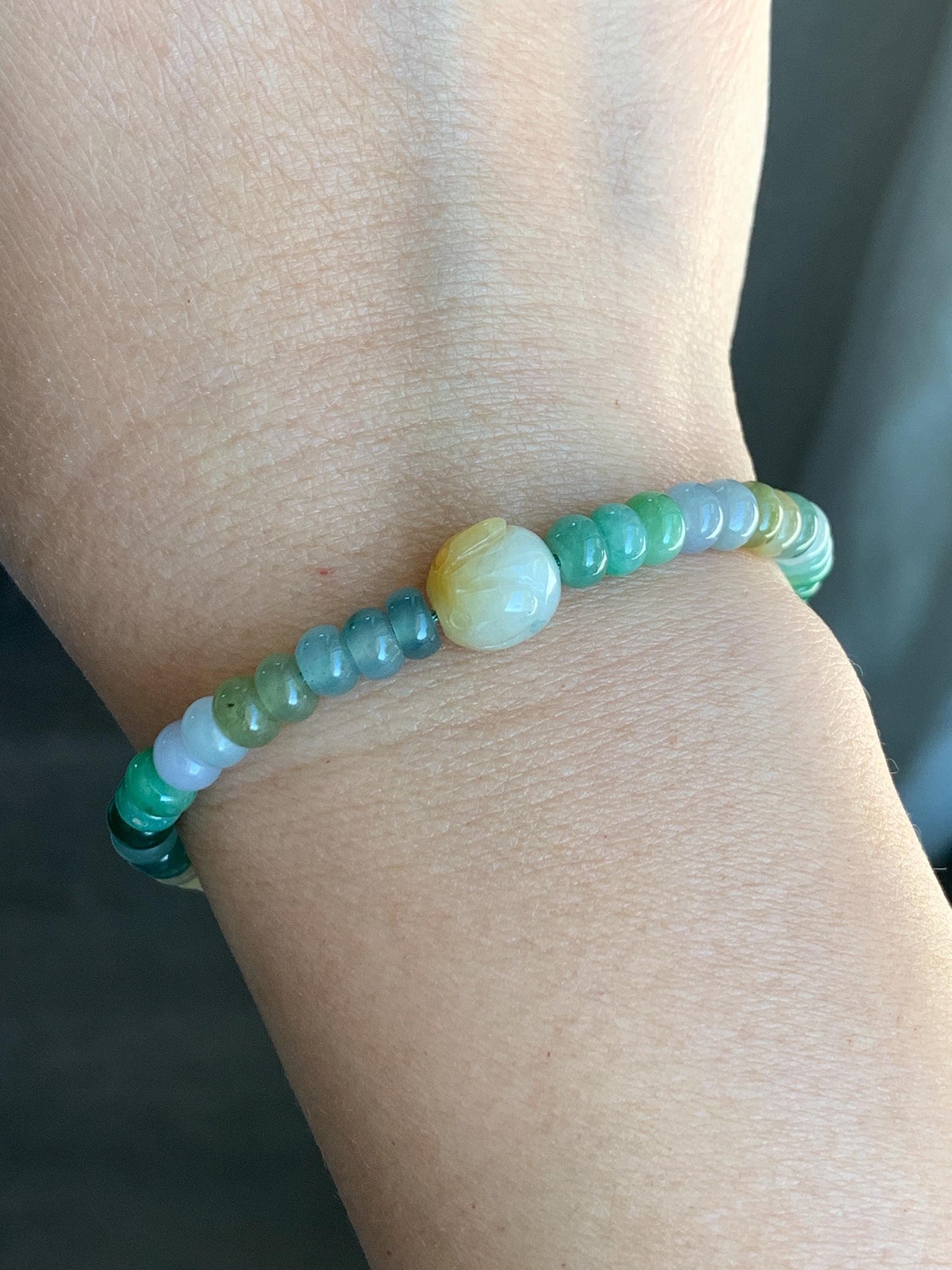 Natural Grade A Icy Translucent Multicolored Jadeite Flat Beads Carved Bunny Rabbit Charm Beaded Bracelet 7.25" 天然冰多宝翡翠算盘珠黄翡面包兔手串 DBSP297