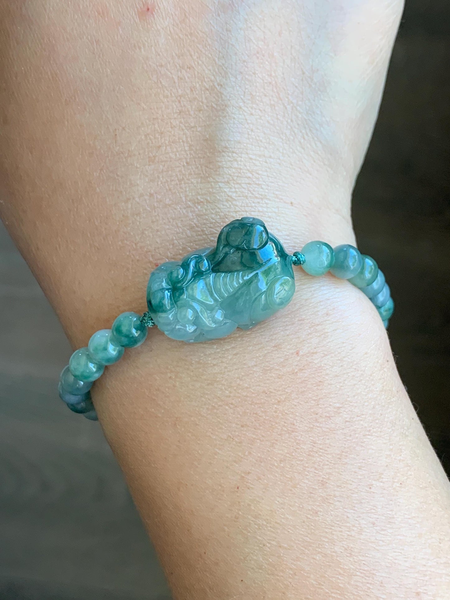 Natural Grade A Icy Translucent Gelatinous Dark Teal Green Marbled Jade Jadeite Pixiu Beaded Bracelet 6.5" 17g 天然冰飘花翡翠貔貅圆珠手串 MPP-S