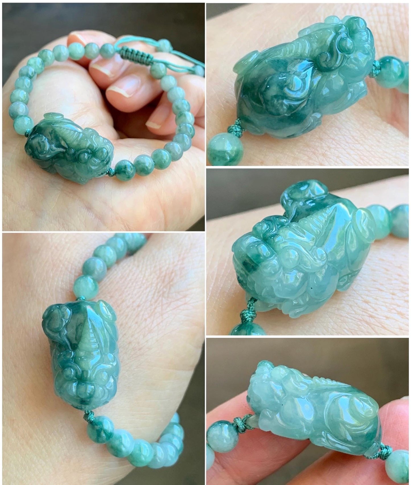 Natural Grade A Icy Translucent Gelatinous Dark Teal Green Marbled Jade Jadeite Pixiu Beaded Bracelet 6.5" 17g 天然冰飘花翡翠貔貅圆珠手串 MPP-S
