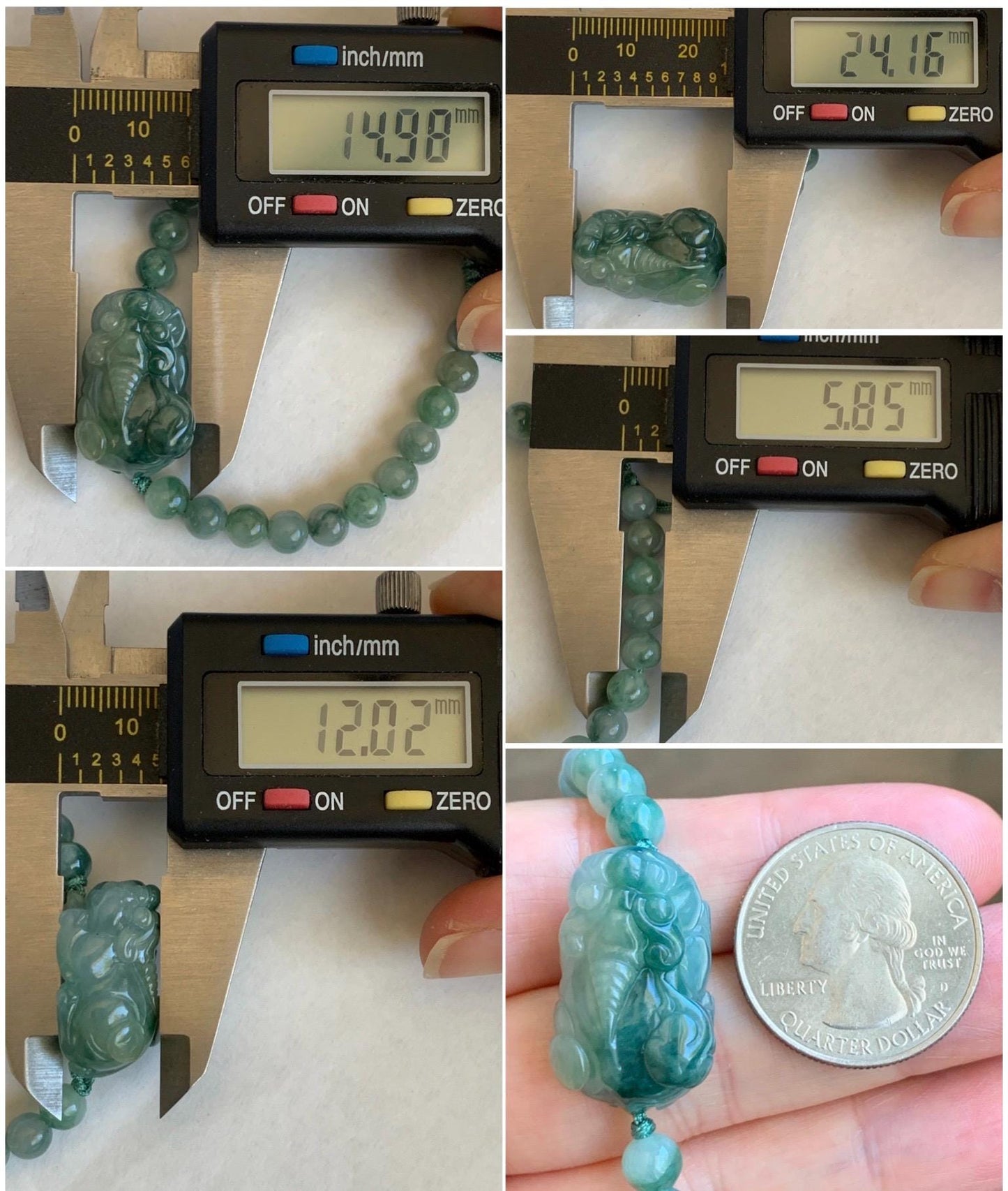Natural Grade A Icy Translucent Gelatinous Dark Teal Green Marbled Jade Jadeite Pixiu Beaded Bracelet 6.5" 17g 天然冰飘花翡翠貔貅圆珠手串 MPP-S