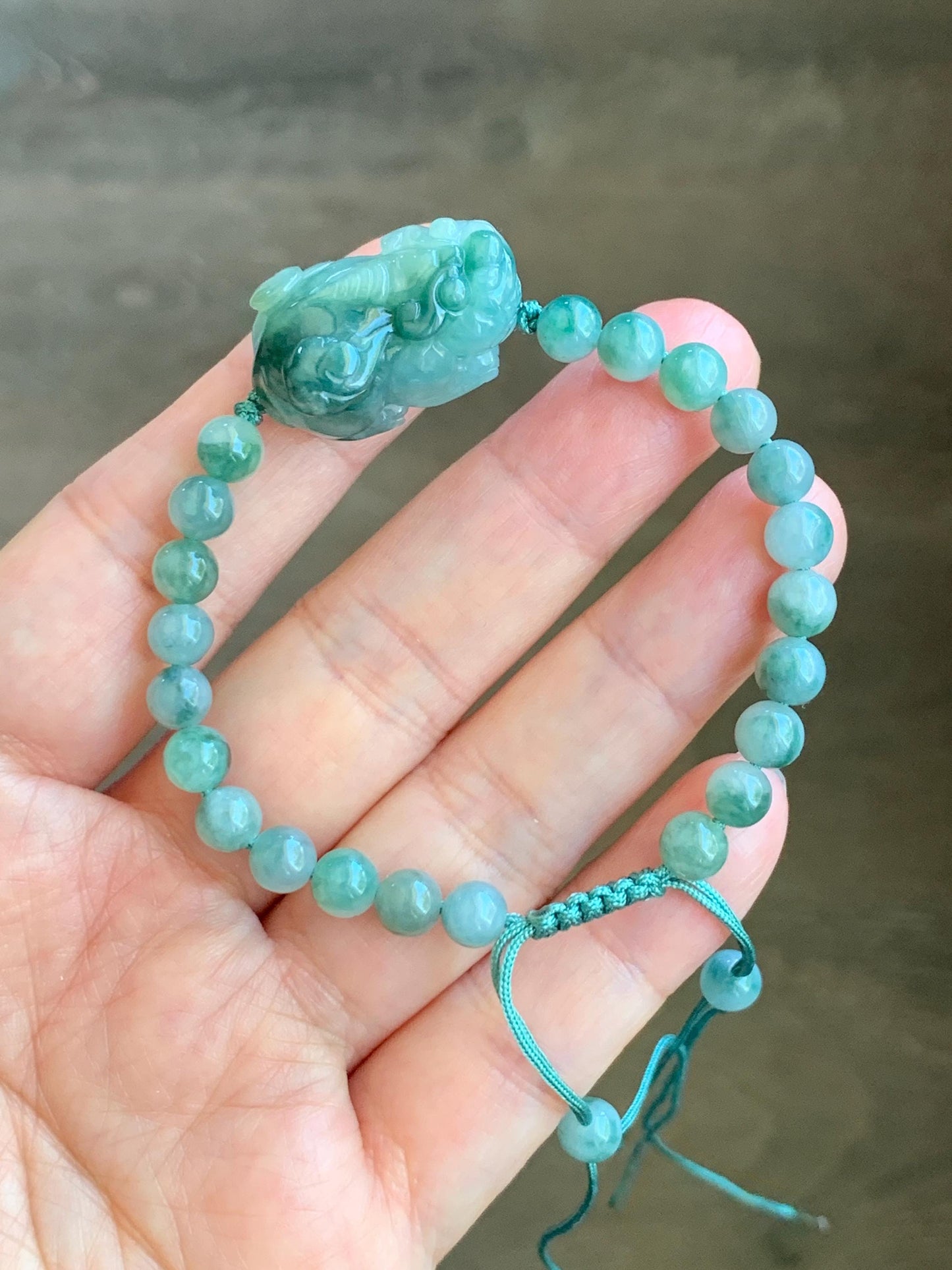 Natural Grade A Icy Translucent Gelatinous Dark Teal Green Marbled Jade Jadeite Pixiu Beaded Bracelet 6.5" 17g 天然冰飘花翡翠貔貅圆珠手串 MPP-S