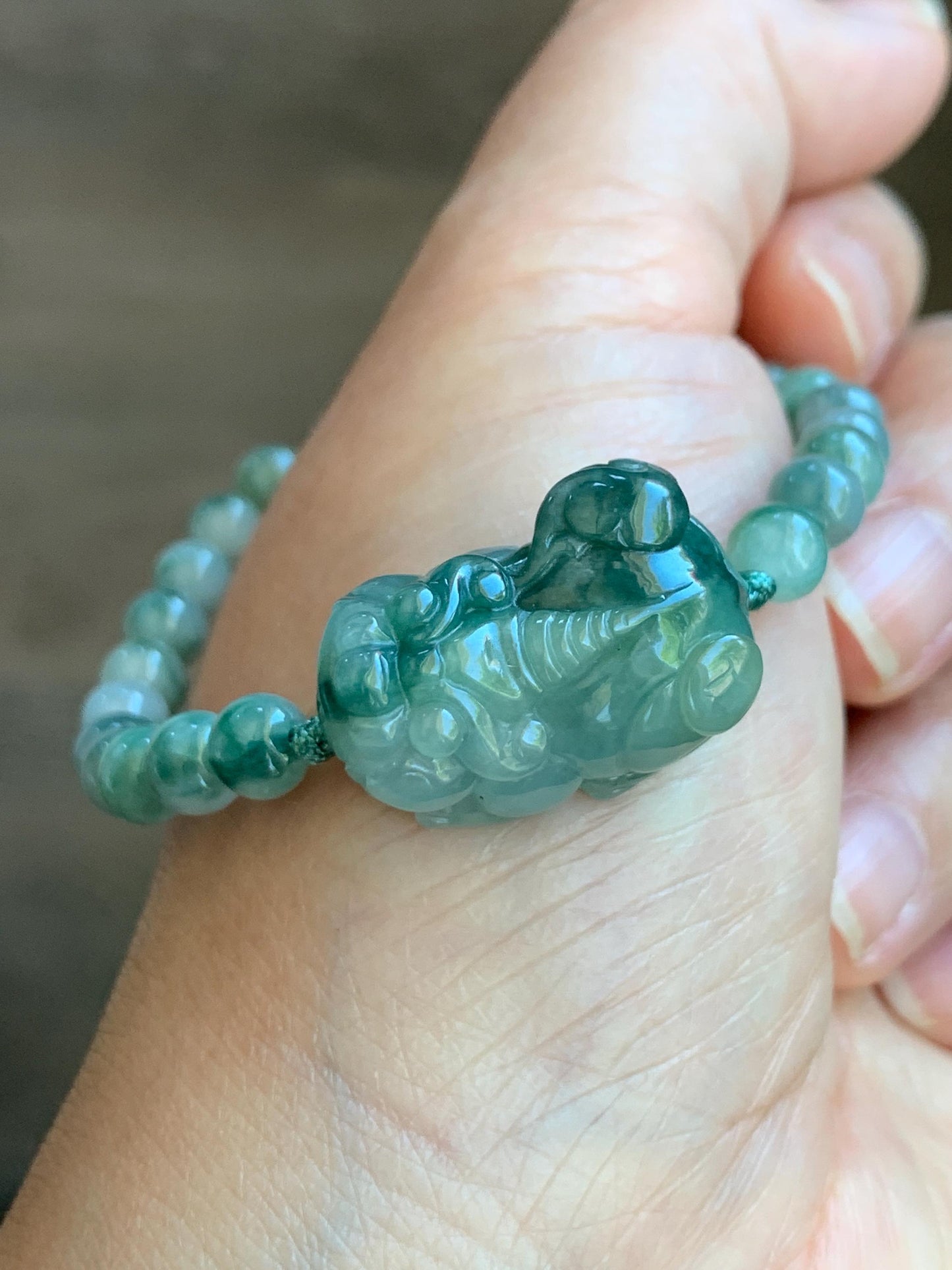 Natural Grade A Icy Translucent Gelatinous Dark Teal Green Marbled Jade Jadeite Pixiu Beaded Bracelet 6.5" 17g 天然冰飘花翡翠貔貅圆珠手串 MPP-S