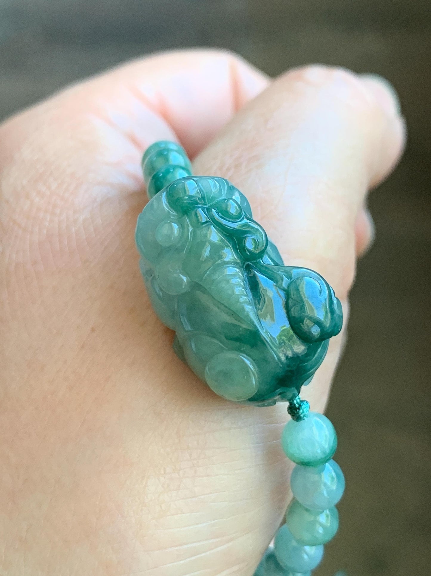 Natural Grade A Icy Translucent Gelatinous Dark Teal Green Marbled Jade Jadeite Pixiu Beaded Bracelet 6.5" 17g 天然冰飘花翡翠貔貅圆珠手串 MPP-S