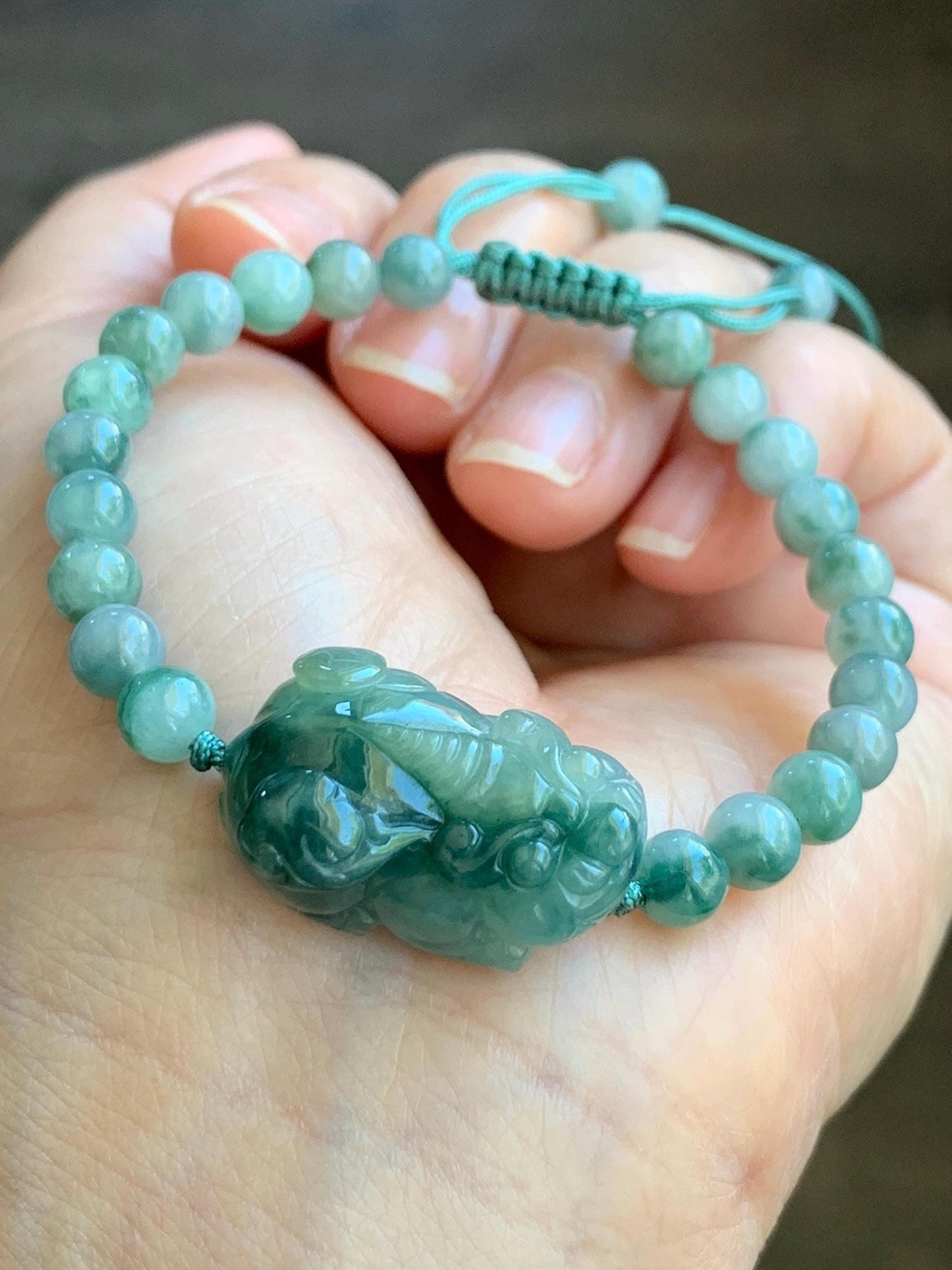Natural Grade A Icy Translucent Gelatinous Dark Teal Green Marbled Jade Jadeite Pixiu Beaded Bracelet 6.5" 17g 天然冰飘花翡翠貔貅圆珠手串 MPP-S
