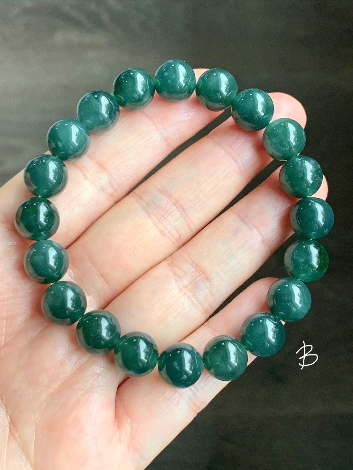 Natural Guatemalan Grade A Icy Translucent Dark Teal Green Jade Jadeite Beaded Bracelet Stretchy 9.8mm 7.25” 33g 天然冰危糯种深蓝绿翡翠圆珠手串 WSL290