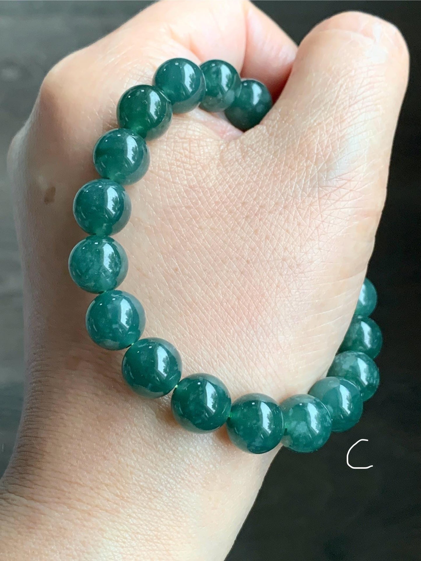 Natural Guatemalan Grade A Icy Translucent Dark Teal Green Jade Jadeite Beaded Bracelet Stretchy 9.8mm 7.25” 33g 天然冰危糯种深蓝绿翡翠圆珠手串 WSL290
