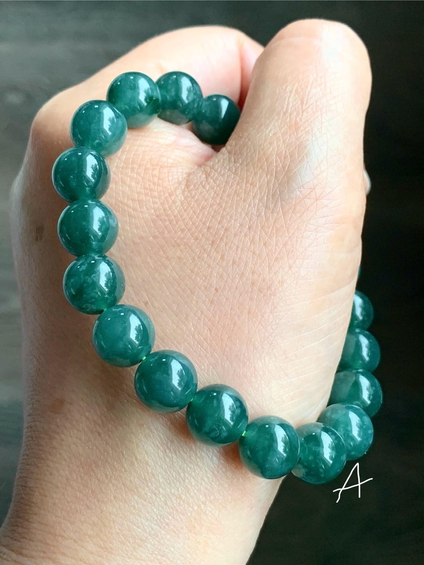 Natural Guatemalan Grade A Icy Translucent Dark Teal Green Jade Jadeite Beaded Bracelet Stretchy 9.8mm 7.25” 33g 天然冰危糯种深蓝绿翡翠圆珠手串 WSL290