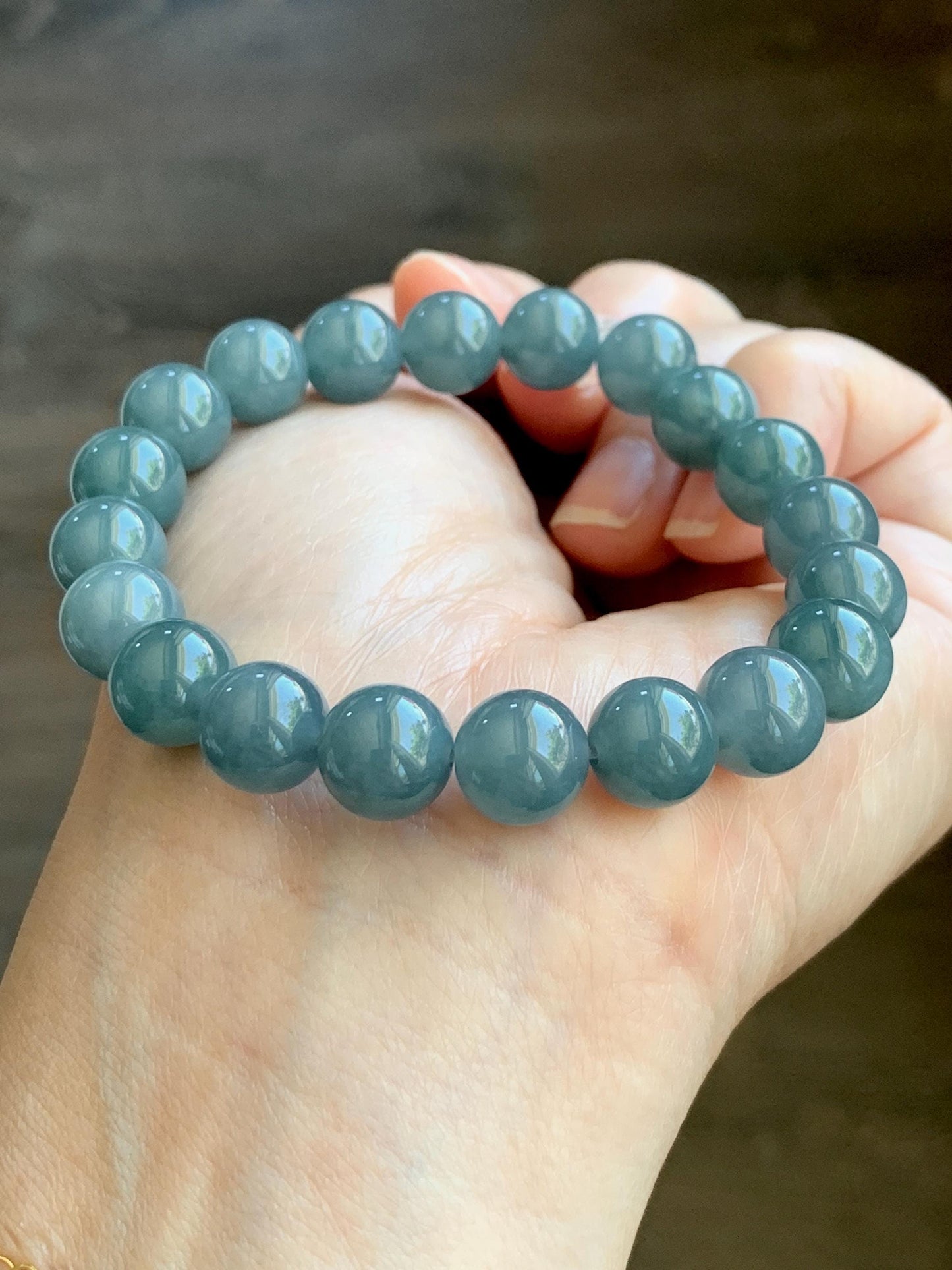 Natural Guatemalan Grade A Icy Translucent Dusty Teal Blue Jade Jadeite Beaded Bracelet Stretchy 9.7mm 7.25” 31g 天然冰危蓝水翡翠圆珠手串 WLZ150
