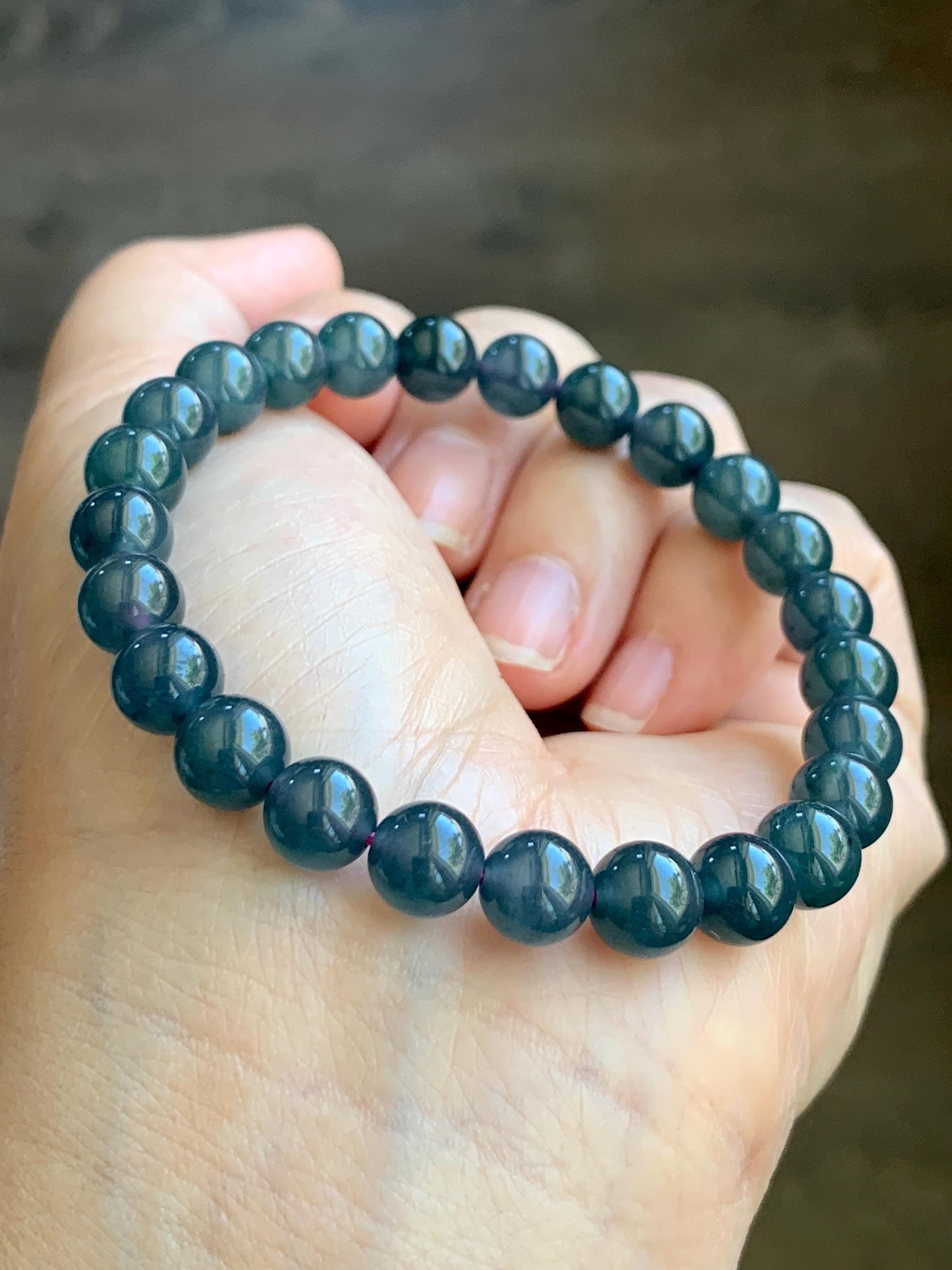 Natural Grade A Guatemalan Icy Translucent Gelatinous Dark Blueberry Blue Jade Jadeite Beaded Bracelet 7.8mm 7.25” 19g 天然冰危蓝莓翡翠圆珠手串 NZL250