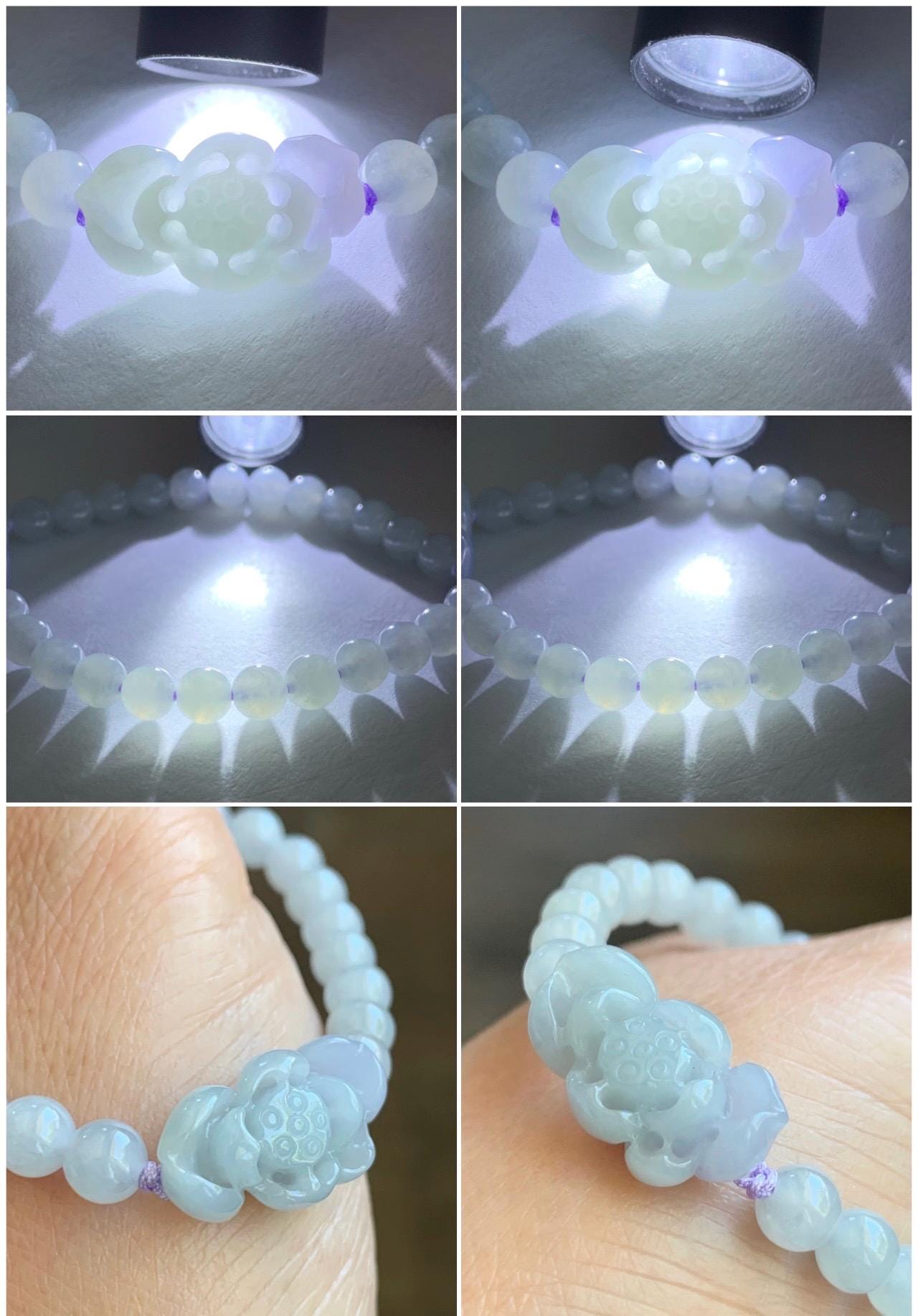 Natural Grade A Icy Translucent Gelatinous Pastel Purplish Blue Jade Jadeite Lotus Flower Beaded Bracelet 6.5" 11g 天然冰淡蓝紫底翡翠莲花圆珠手串 DLZ-B