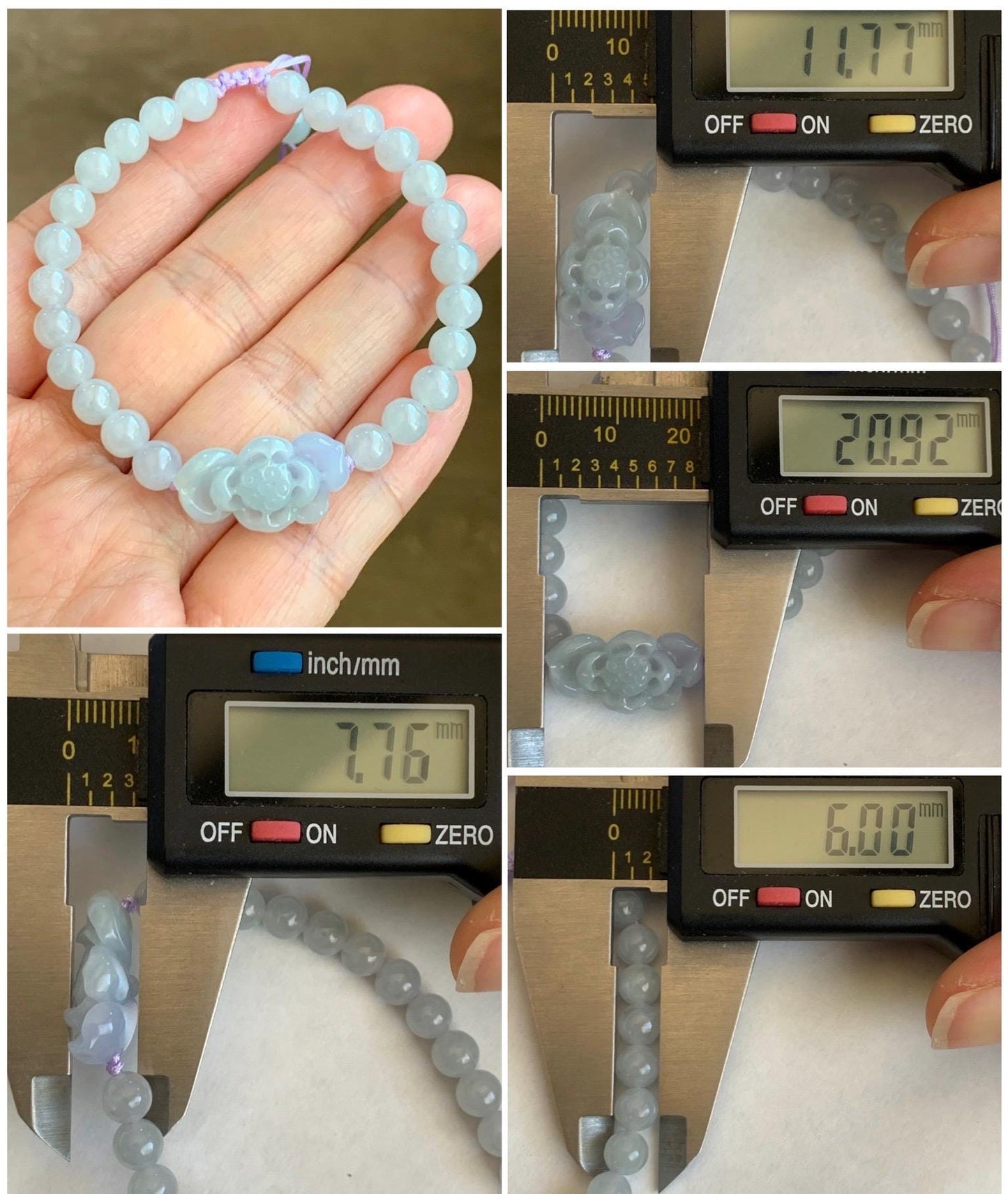 Natural Grade A Icy Translucent Gelatinous Pastel Purplish Blue Jade Jadeite Lotus Flower Beaded Bracelet 6.5" 11g 天然冰淡蓝紫底翡翠莲花圆珠手串 DLZ-B