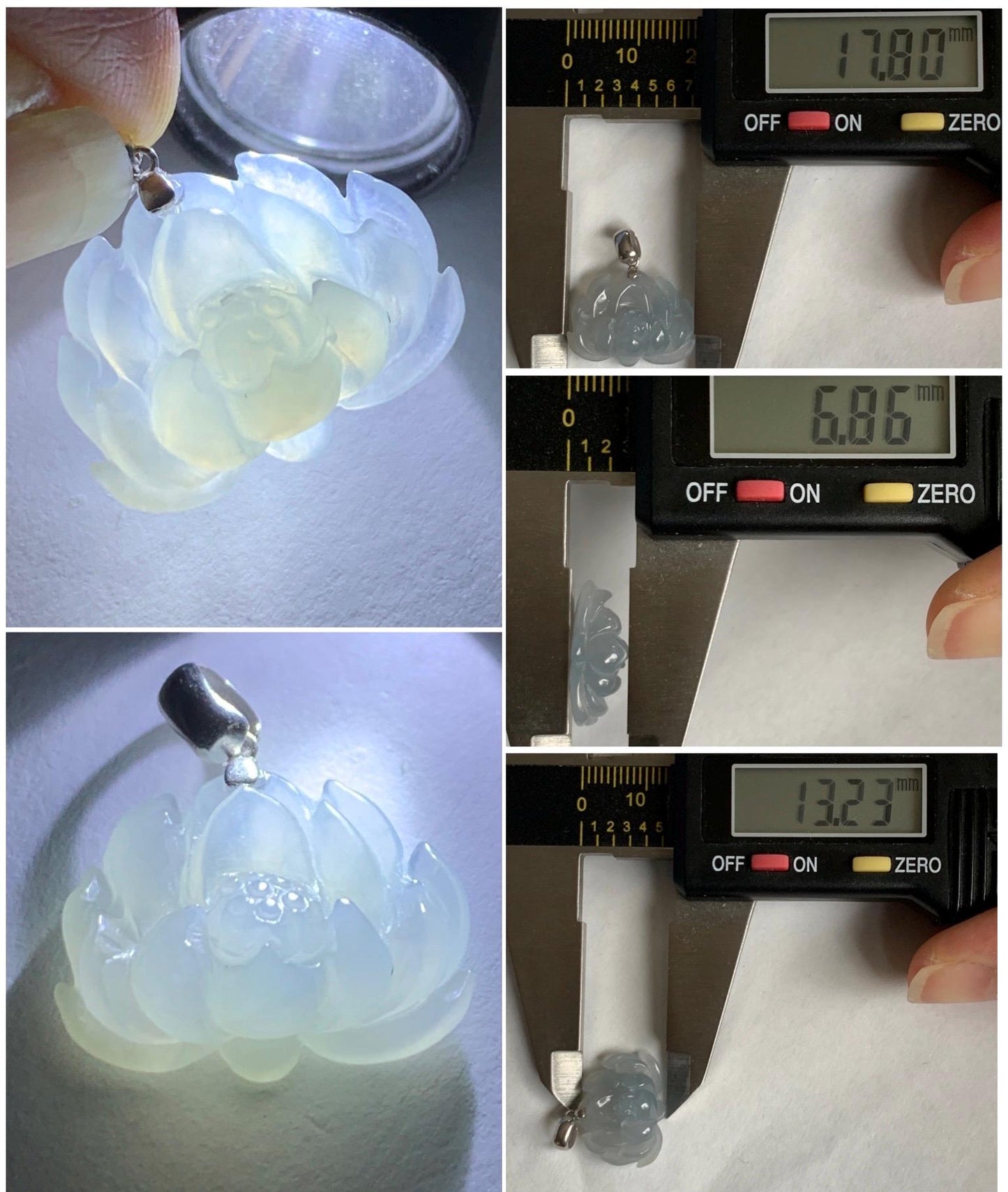 Natural Grade A Icy Translucent Gelatinous Dusty Pastel Blue Jade Jadeite Lotus Flower Pendant 18K White Gold Bail 天然冰胶淡蓝灰翡翠莲花镶嵌吊坠 DLH-242