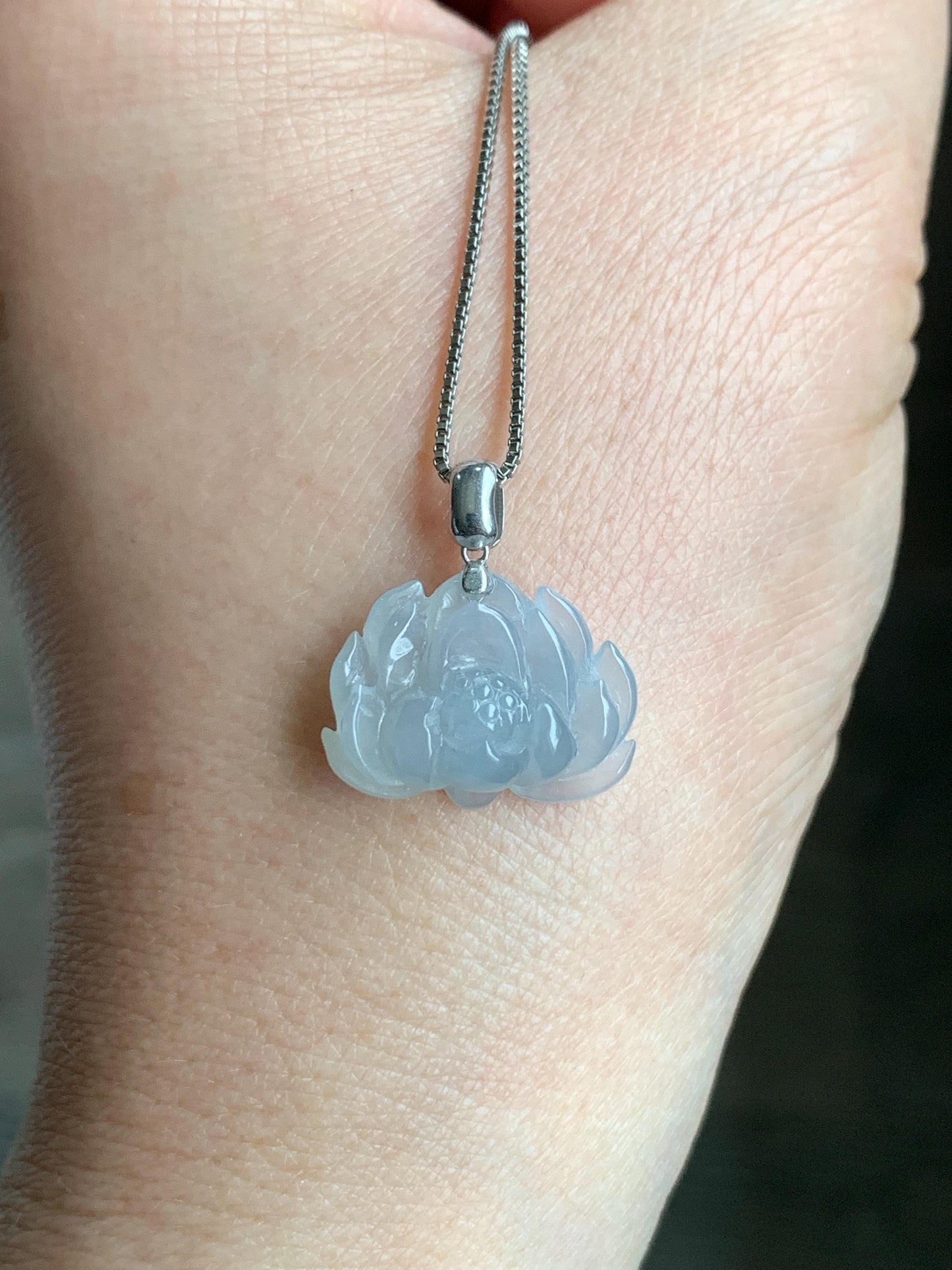 Natural Grade A Icy Translucent Gelatinous Dusty Pastel Blue Jade Jadeite Lotus Flower Pendant 18K White Gold Bail 天然冰胶淡蓝灰翡翠莲花镶嵌吊坠 DLH-242