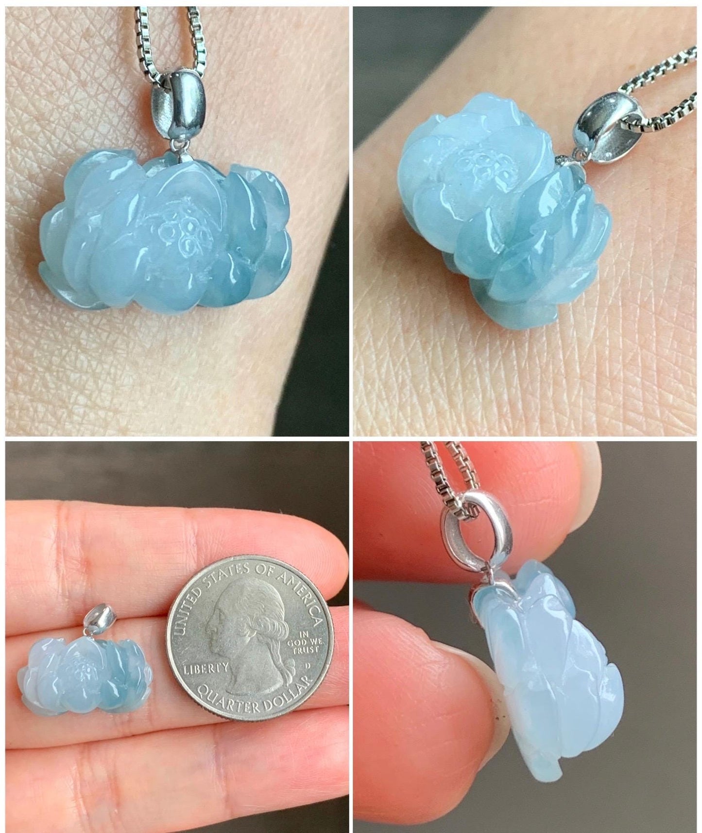 Natural Grade A Icy Translucent Gelatinous Blue Marbled Jade Jadeite Lotus Flower Pendant 18K White Gold Bail 天然冰胶飘蓝花翡翠莲花镶嵌吊坠 BLH-242