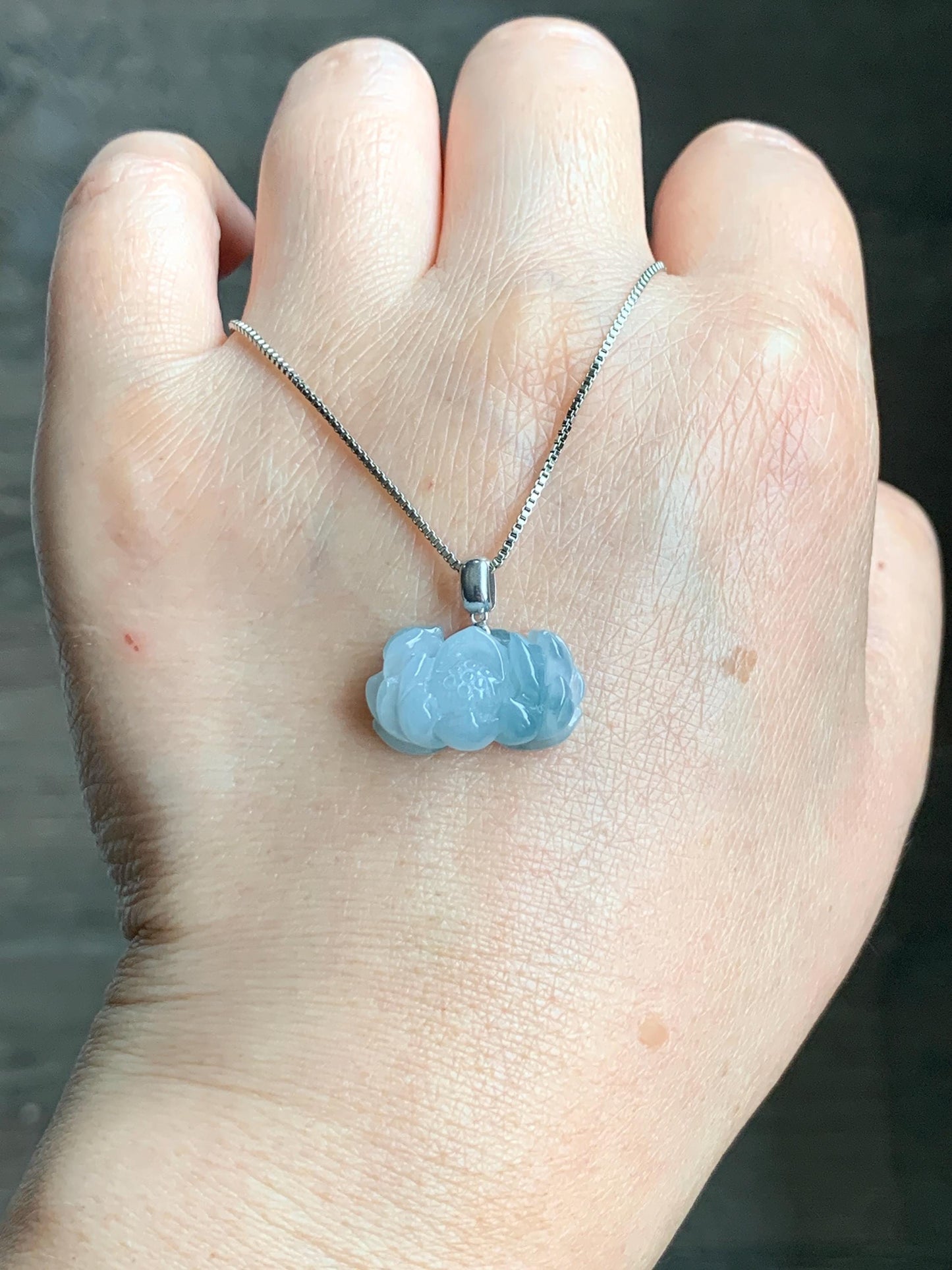 Natural Grade A Icy Translucent Gelatinous Blue Marbled Jade Jadeite Lotus Flower Pendant 18K White Gold Bail 天然冰胶飘蓝花翡翠莲花镶嵌吊坠 BLH-242