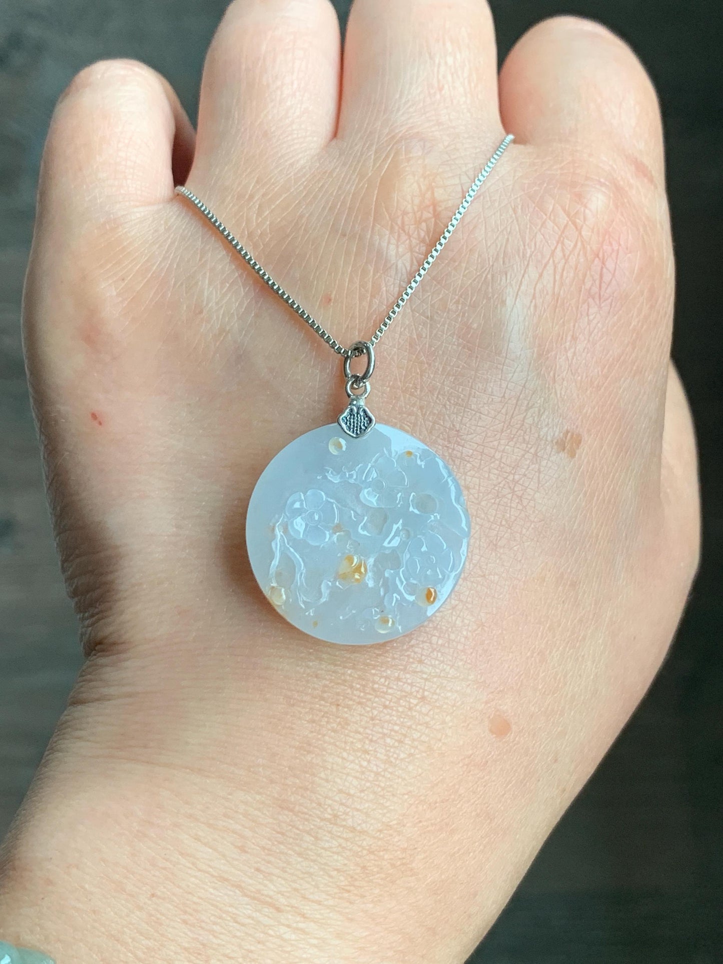 Natural Grade A Icy Translucent Gelatinous Golden Brown Marbled Jadeite Cherry Blossom Branch Disc Pendant Sterling Silver 天然冰胶撒金翡翠梅花牌吊坠 MHP
