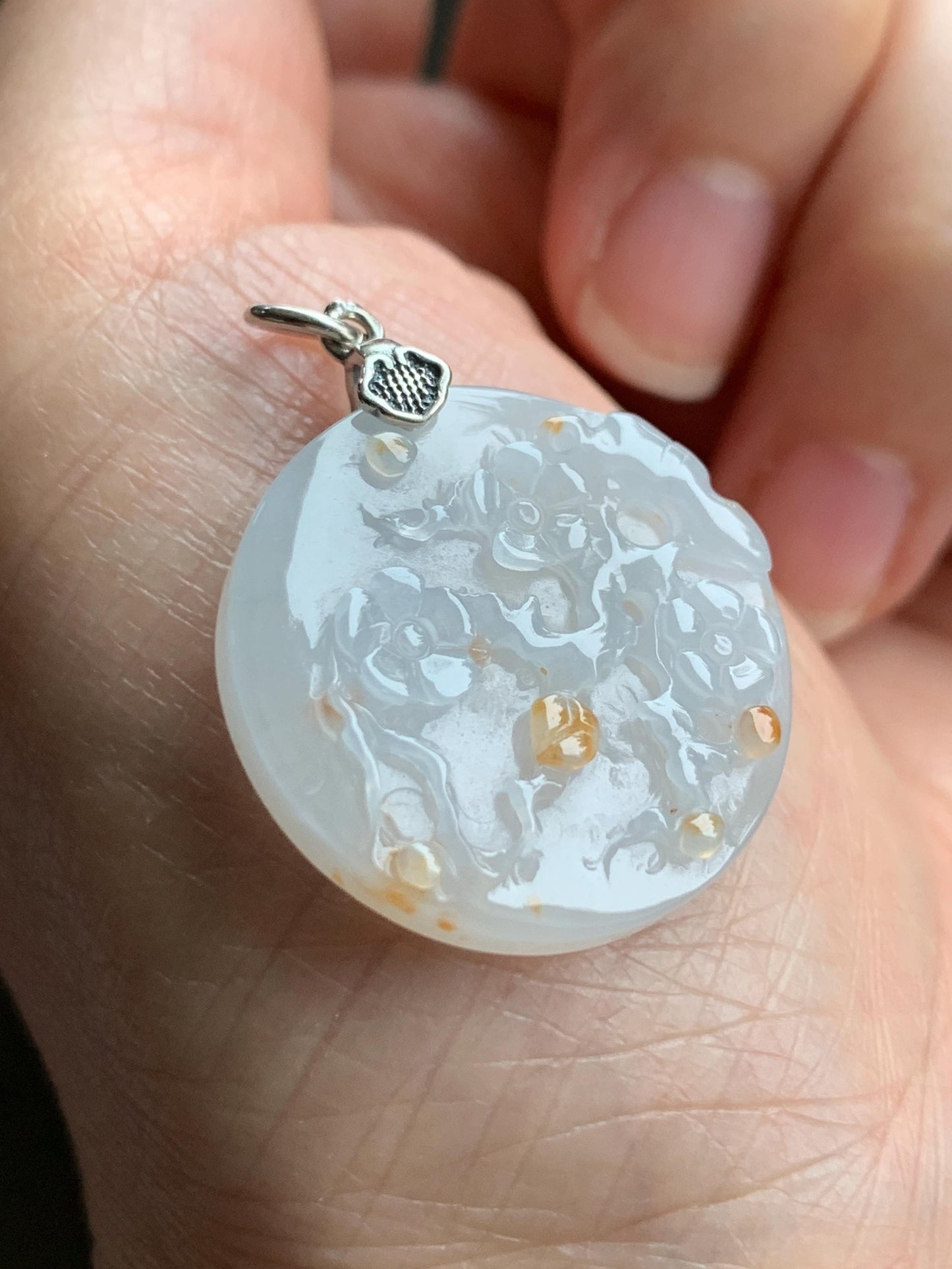 Natural Grade A Icy Translucent Gelatinous Golden Brown Marbled Jadeite Cherry Blossom Branch Disc Pendant Sterling Silver 天然冰胶撒金翡翠梅花牌吊坠 MHP