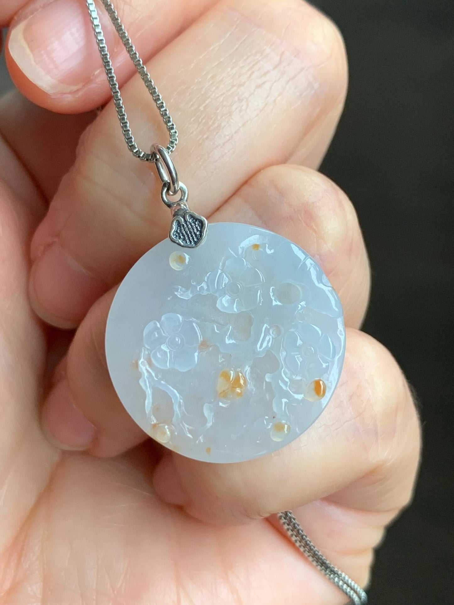 Natural Grade A Icy Translucent Gelatinous Golden Brown Marbled Jadeite Cherry Blossom Branch Disc Pendant Sterling Silver 天然冰胶撒金翡翠梅花牌吊坠 MHP