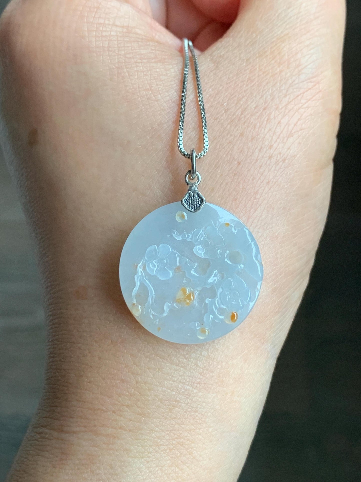 Natural Grade A Icy Translucent Gelatinous Golden Brown Marbled Jadeite Cherry Blossom Branch Disc Pendant Sterling Silver 天然冰胶撒金翡翠梅花牌吊坠 MHP