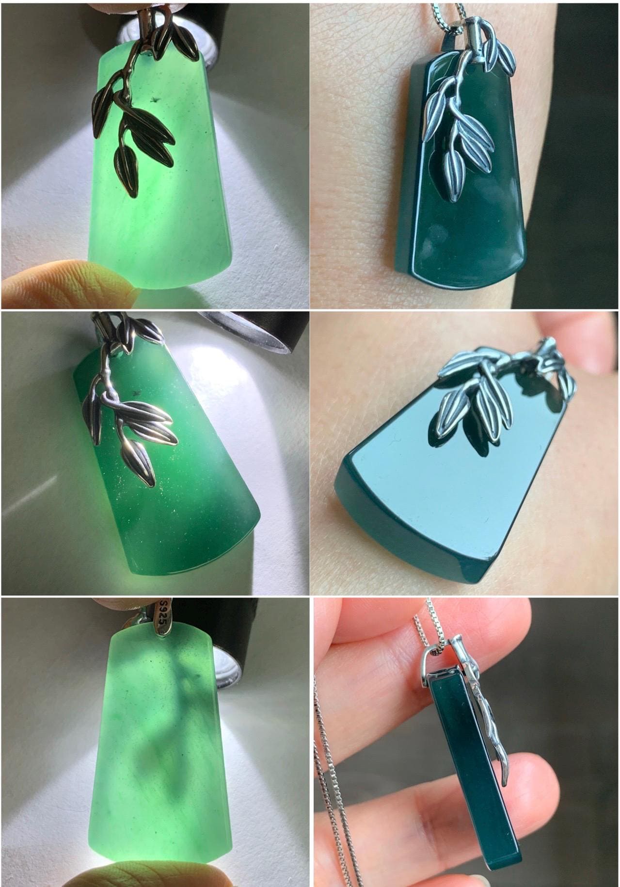 Natural Grade A Guatemalan Icy Translucent Dark Teal Green Jade Jadeite Wu Shi Pai Pendant Sterling Silver 9g 天然冰危深湖水绿翡翠梯形无事牌竹节吊坠 ZYW100
