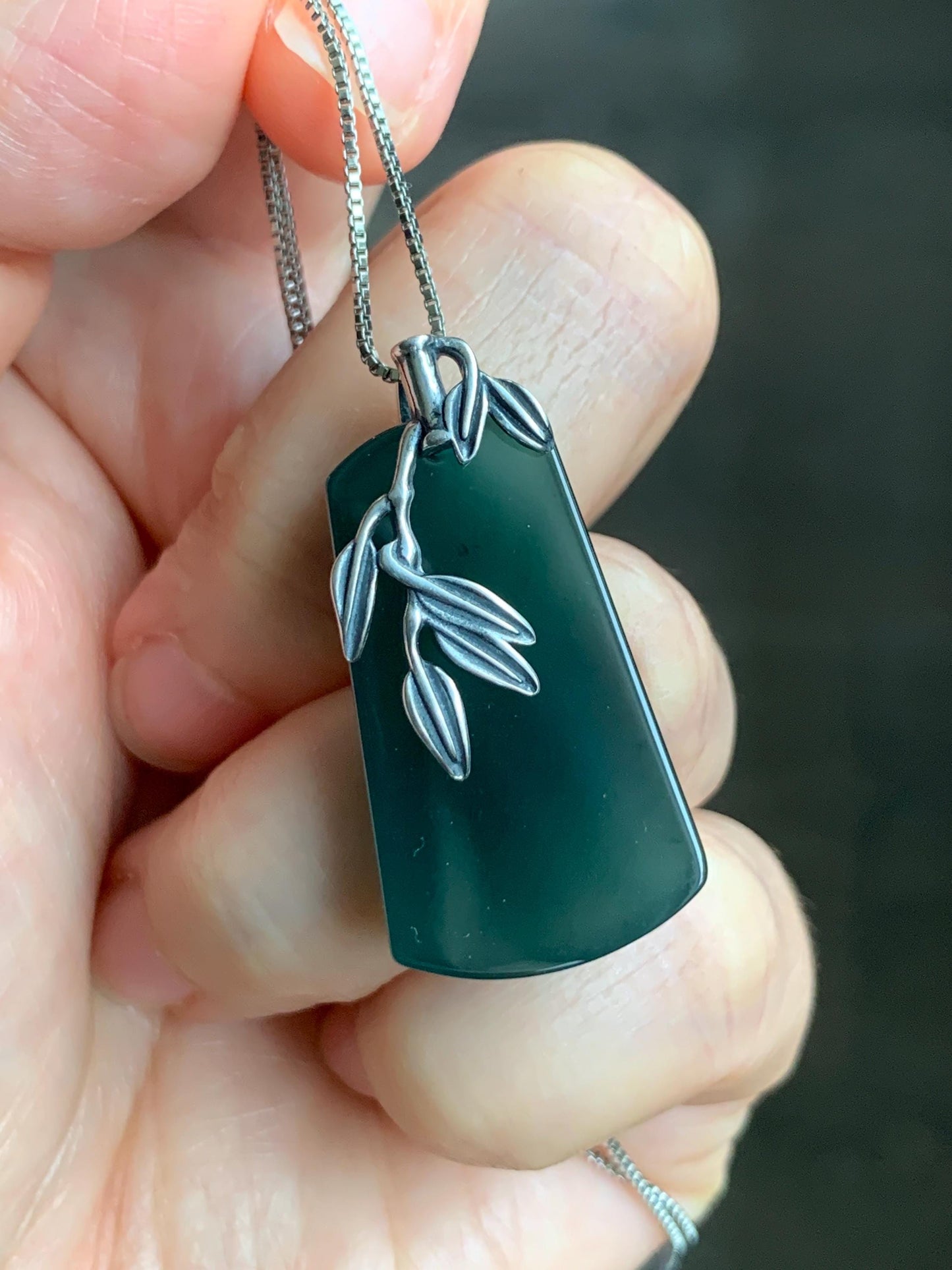 Natural Grade A Guatemalan Icy Translucent Dark Teal Green Jade Jadeite Wu Shi Pai Pendant Sterling Silver 9g 天然冰危深湖水绿翡翠梯形无事牌竹节吊坠 ZYW100