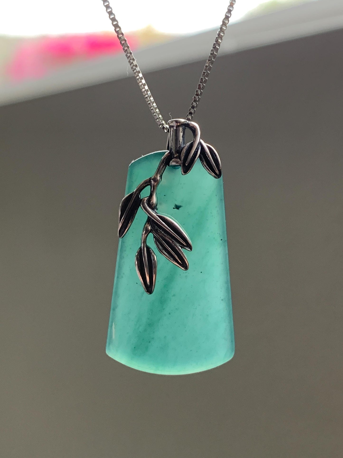Natural Grade A Guatemalan Icy Translucent Dark Teal Green Jade Jadeite Wu Shi Pai Pendant Sterling Silver 9g 天然冰危深湖水绿翡翠梯形无事牌竹节吊坠 ZYW100