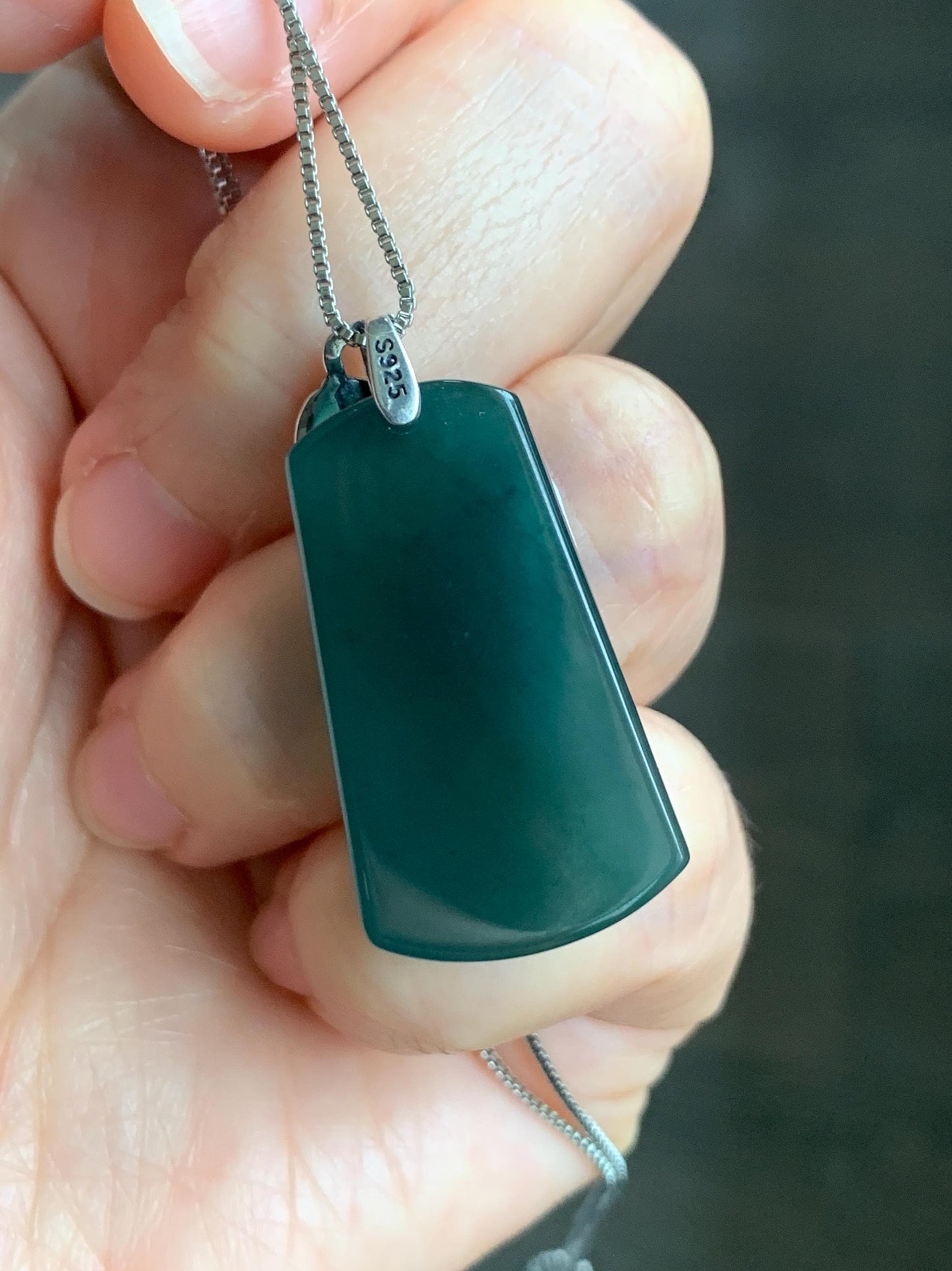 Natural Grade A Guatemalan Icy Translucent Dark Teal Green Jade Jadeite Wu Shi Pai Pendant Sterling Silver 9g 天然冰危深湖水绿翡翠梯形无事牌竹节吊坠 ZYW100