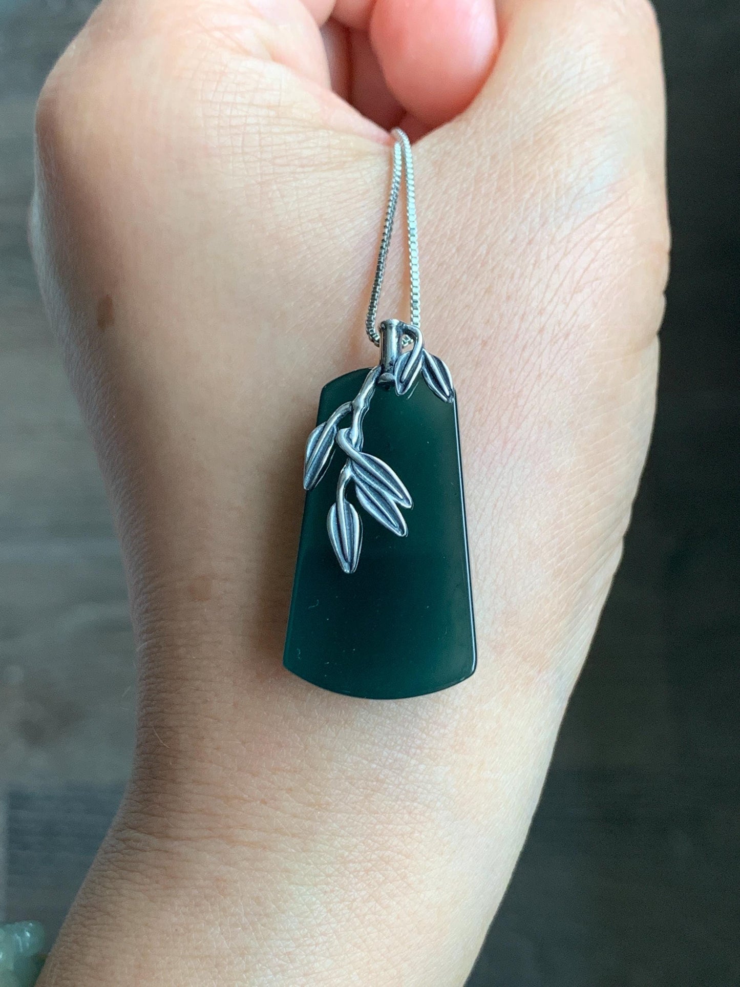 Natural Grade A Guatemalan Icy Translucent Dark Teal Green Jade Jadeite Wu Shi Pai Pendant Sterling Silver 9g 天然冰危深湖水绿翡翠梯形无事牌竹节吊坠 ZYW100