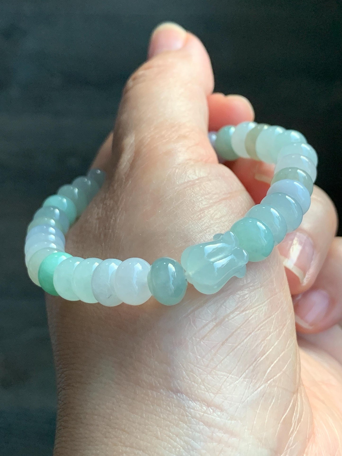 Natural Grade A Icy Translucent Multicolored Jadeite Flat Beads Carved Tulip Flower Charm Beaded Bracelet 7.25" 23g 天然冰多宝翡翠算盘珠郁金香珠手串 DBH-W