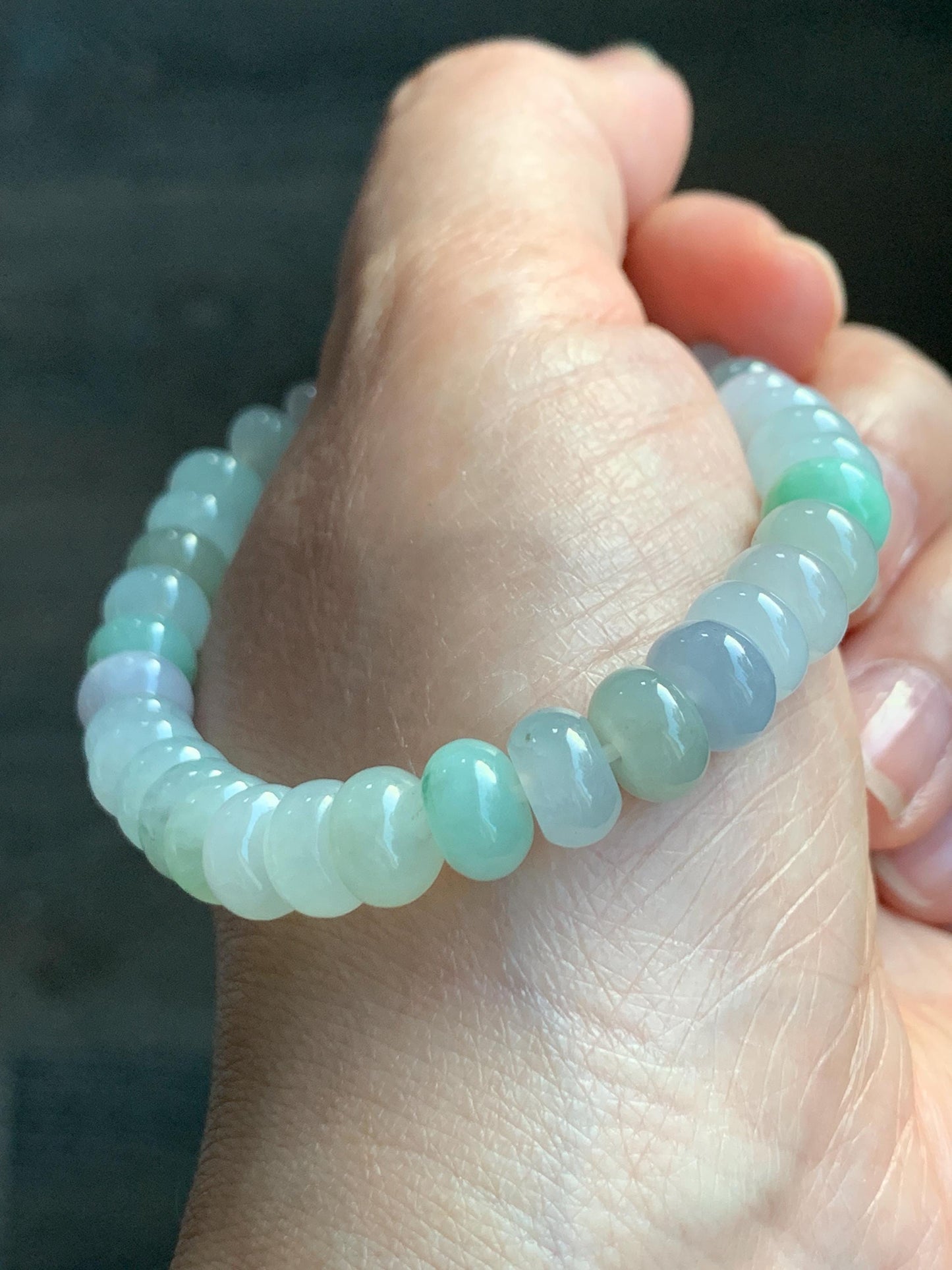 Natural Grade A Icy Translucent Multicolored Jadeite Flat Beads Carved Tulip Flower Charm Beaded Bracelet 7.25" 23g 天然冰多宝翡翠算盘珠郁金香珠手串 DBH-W