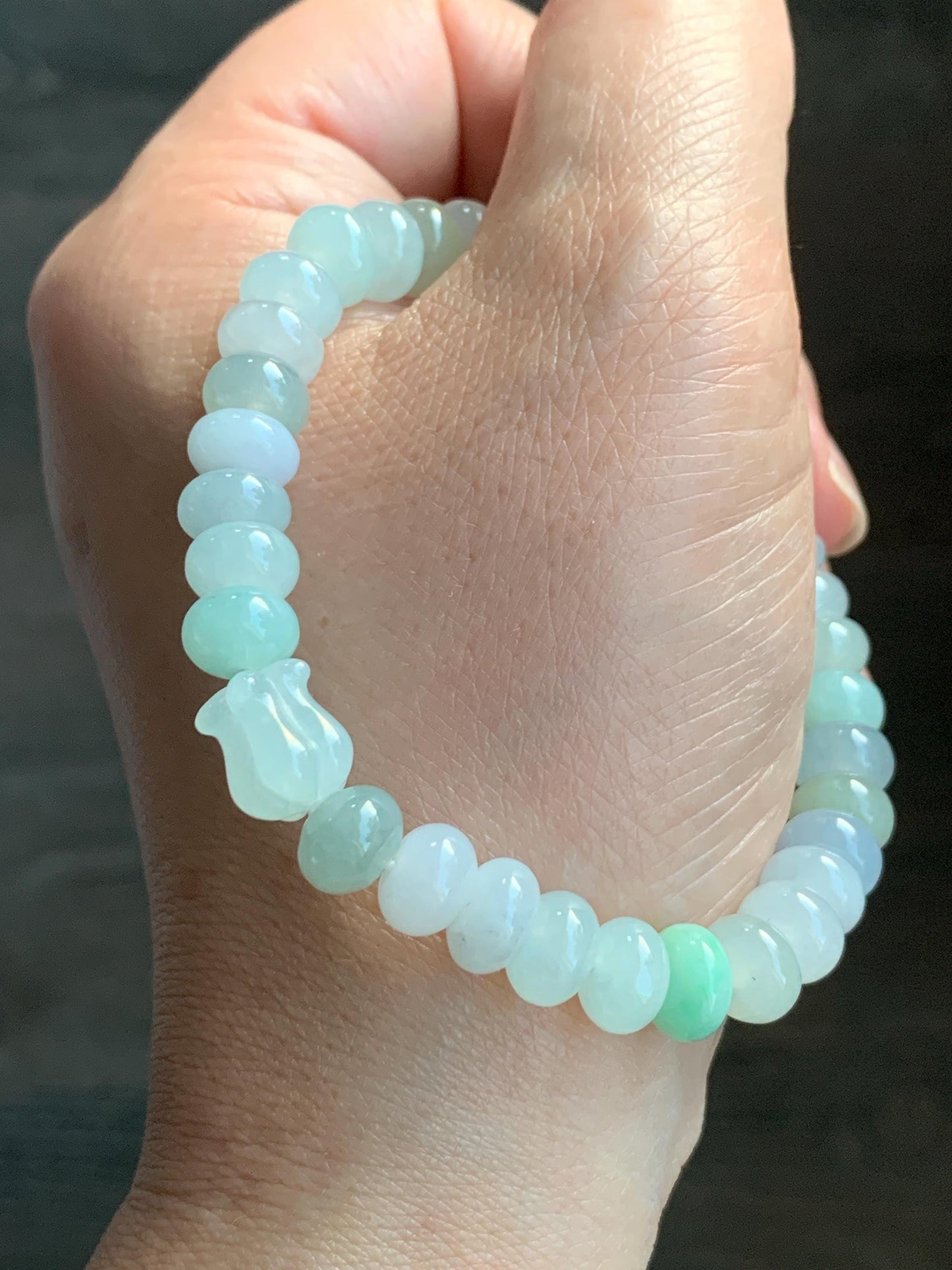 Natural Grade A Icy Translucent Multicolored Jadeite Flat Beads Carved Tulip Flower Charm Beaded Bracelet 7.25" 23g 天然冰多宝翡翠算盘珠郁金香珠手串 DBH-W