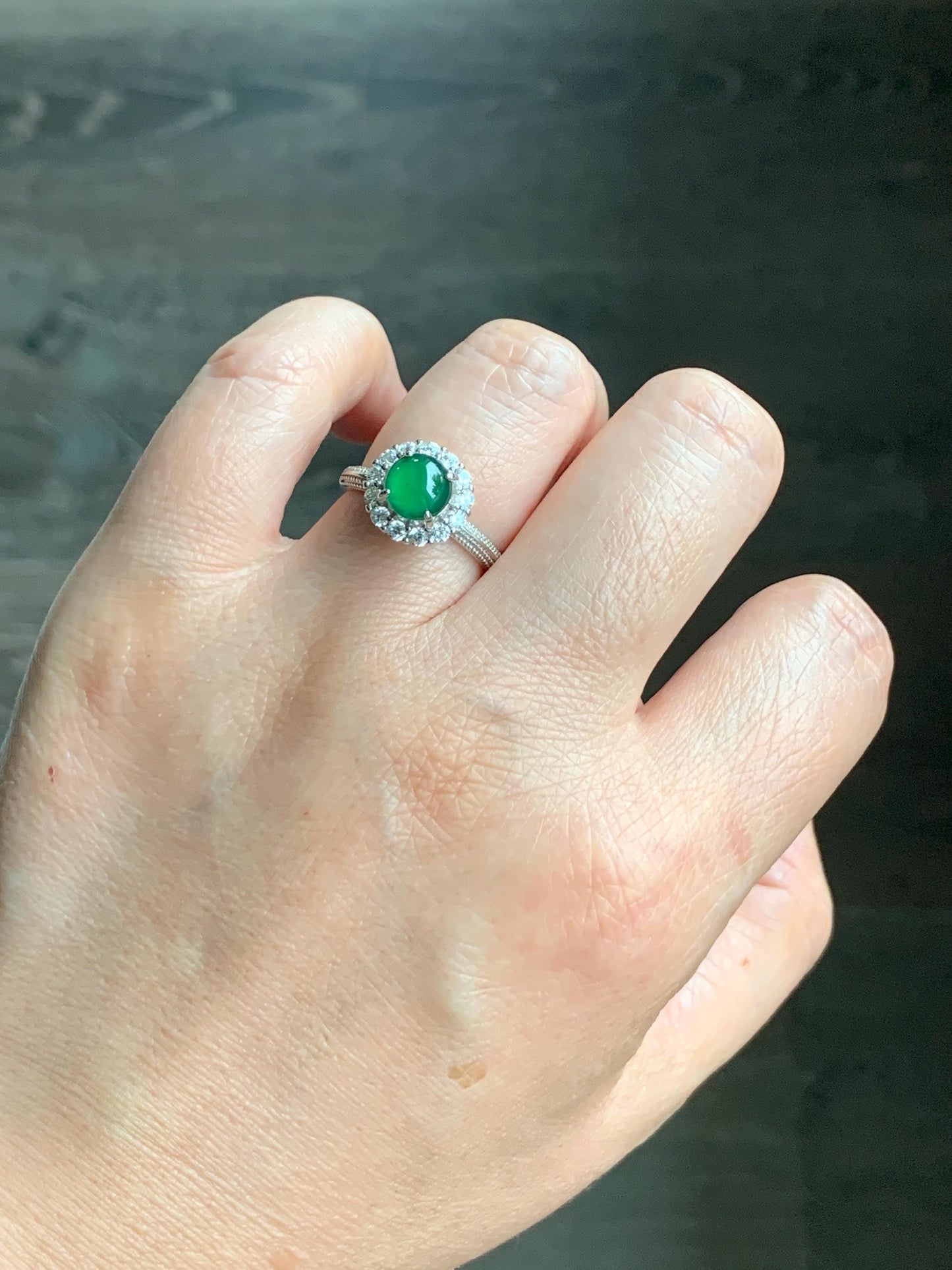 Natural Grade A Guatemalan Icy Translucent Vibrant Green Round Cabochon Jadeite Halo Ring Sterling Silver Size Adjustable 天然冰危绿翡翠银镶戒指 WLH88R