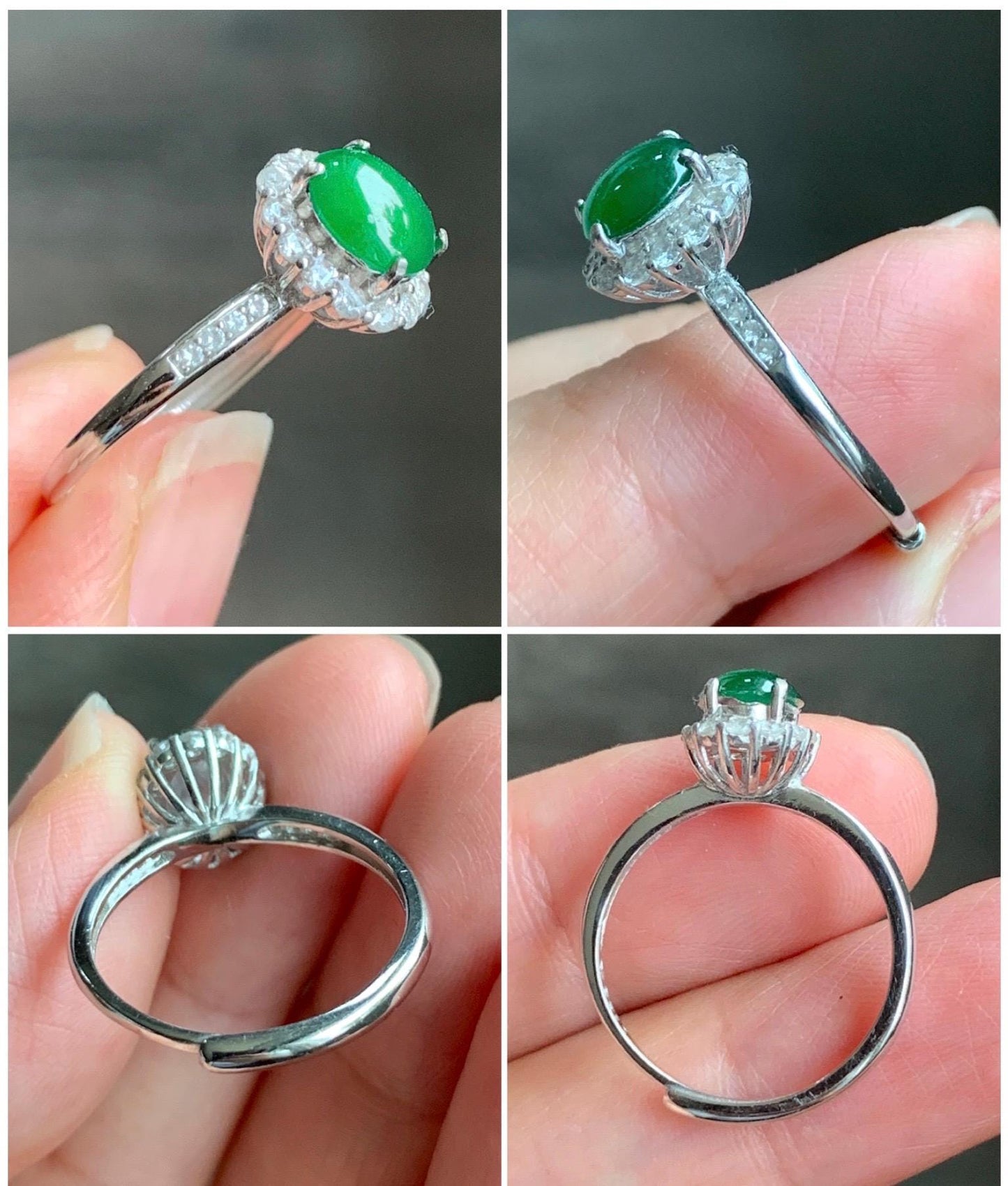 Natural Grade A Guatemalan Icy Translucent Vibrant Green Oval Cabochon Jadeite Halo Ring Sterling Silver Size Adjustable 天然冰危绿翡翠银镶戒指 WLH88T