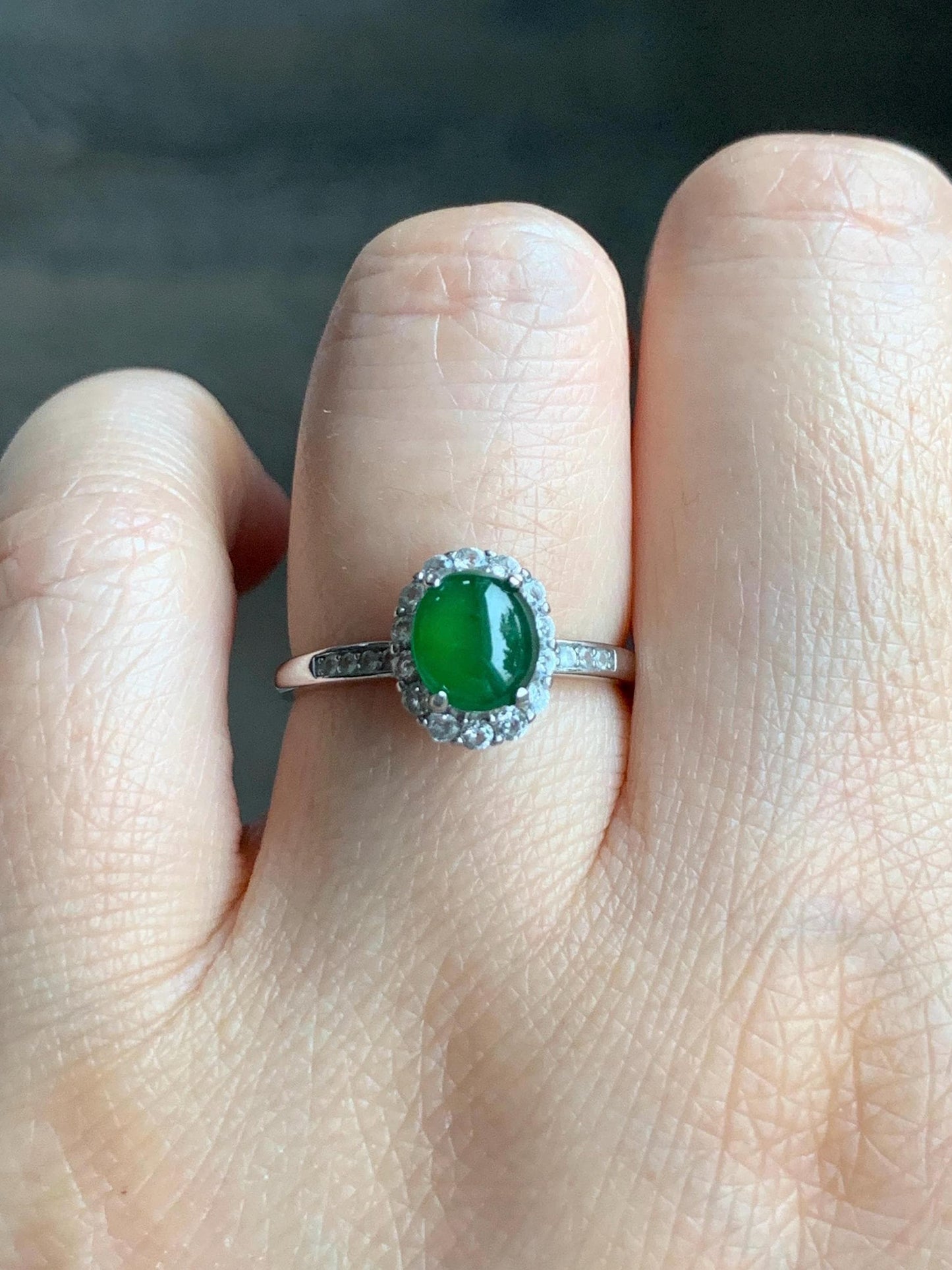 Natural Grade A Guatemalan Icy Translucent Vibrant Green Oval Cabochon Jadeite Halo Ring Sterling Silver Size Adjustable 天然冰危绿翡翠银镶戒指 WLH88T