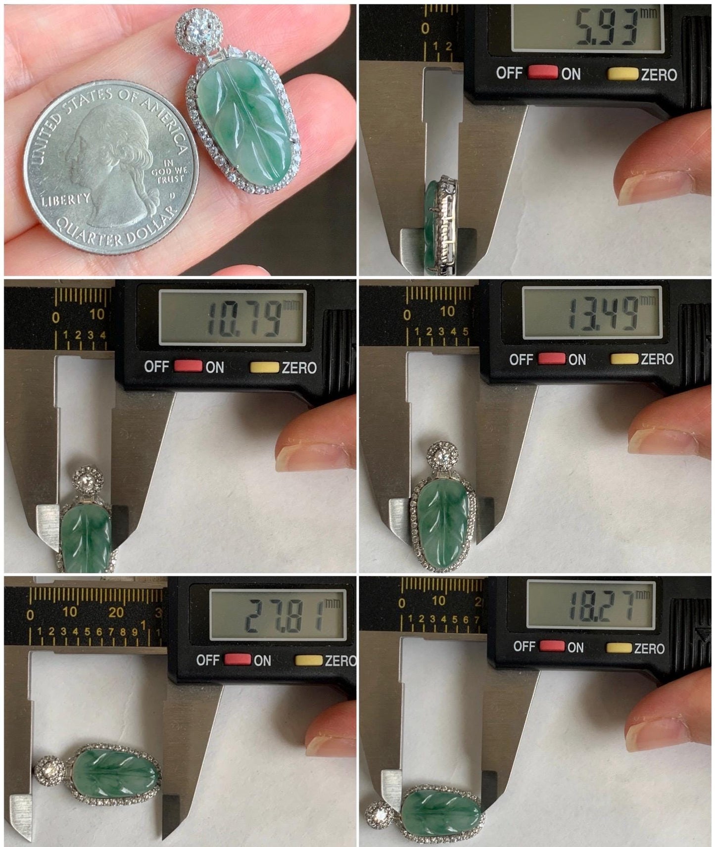 Small Natural Grade A Icy Highly Translucent Gelatinous Green Marbled Jadeite Leaf Pendant S925 Sterling Silver 天然冰胶飘绿花翡翠叶子银镶吊坠 YXR88-C