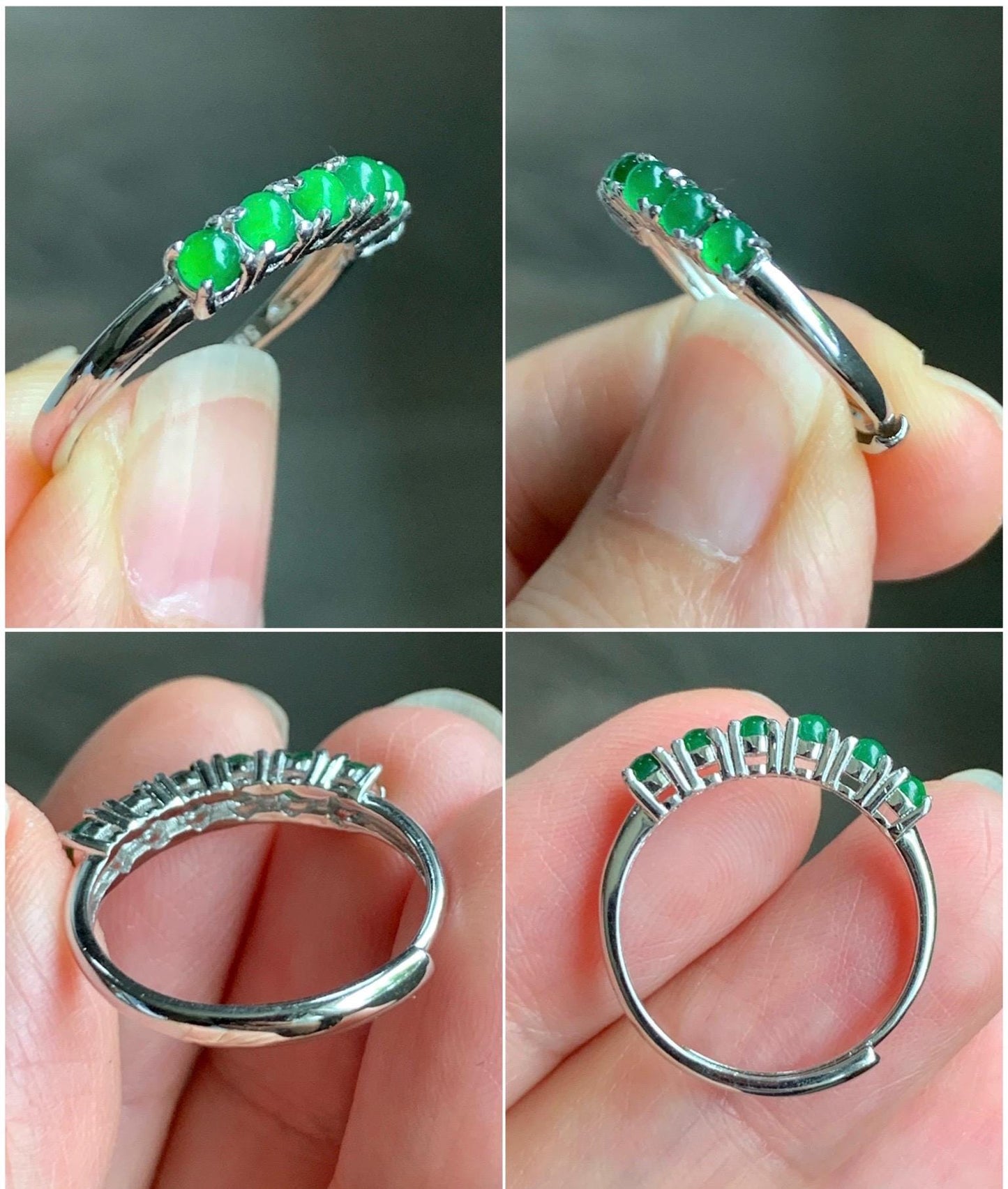 Natural Grade A Guatemalan Icy Translucent Vibrant Green 6-Stone Jade Jadeite Band Ring Sterling Silver Size Adjustable 天然冰危绿翡翠镶嵌排戒 LPJ77