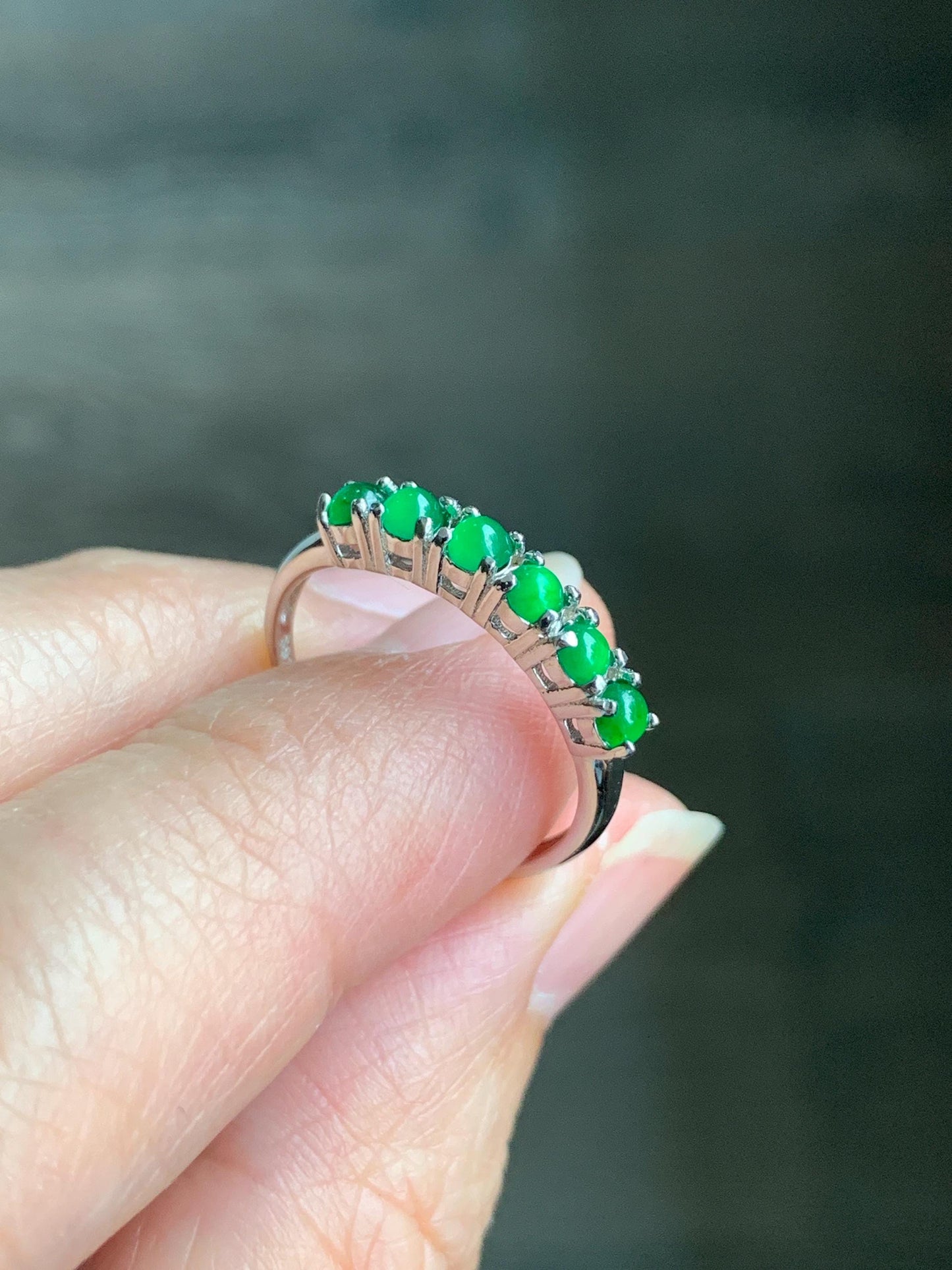 Natural Grade A Guatemalan Icy Translucent Vibrant Green 6-Stone Jade Jadeite Band Ring Sterling Silver Size Adjustable 天然冰危绿翡翠镶嵌排戒 LPJ77