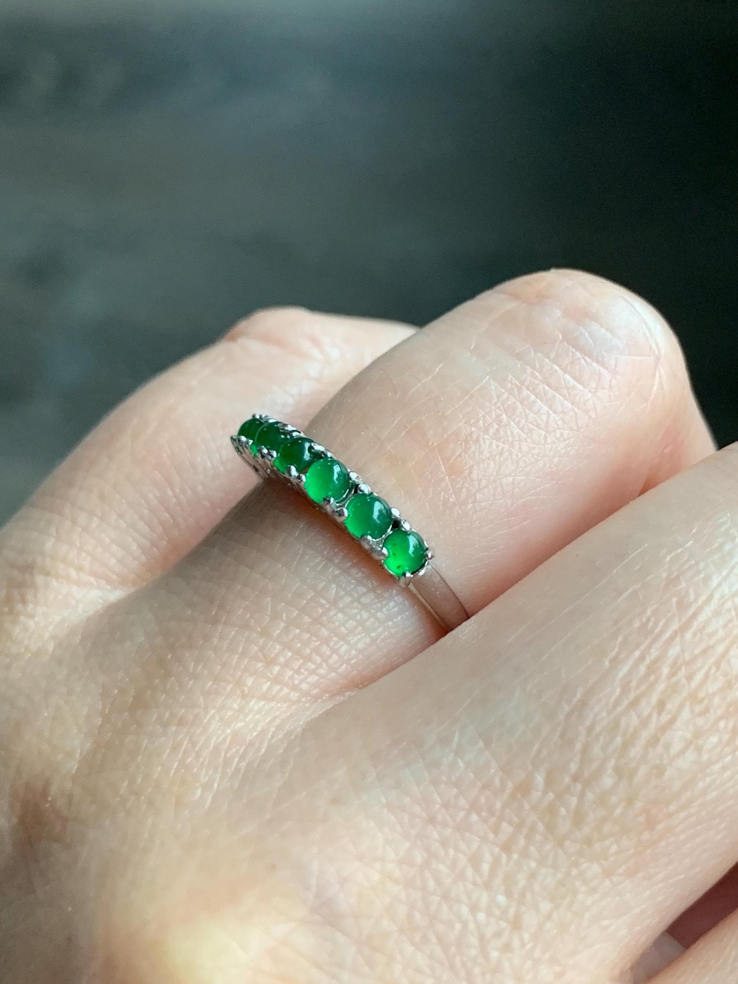 Natural Grade A Guatemalan Icy Translucent Vibrant Green 6-Stone Jade Jadeite Band Ring Sterling Silver Size Adjustable 天然冰危绿翡翠镶嵌排戒 LPJ77