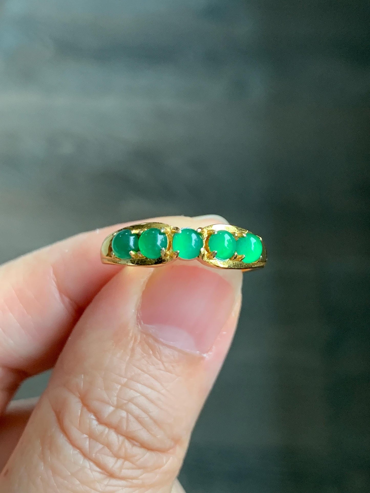 Natural Grade A Guatemalan Icy Translucent Vibrant Green 5-Stone Jade Jadeite Band Ring Sterling Silver Size Adjustable 天然冰危绿翡翠镶嵌排戒 WPJ77
