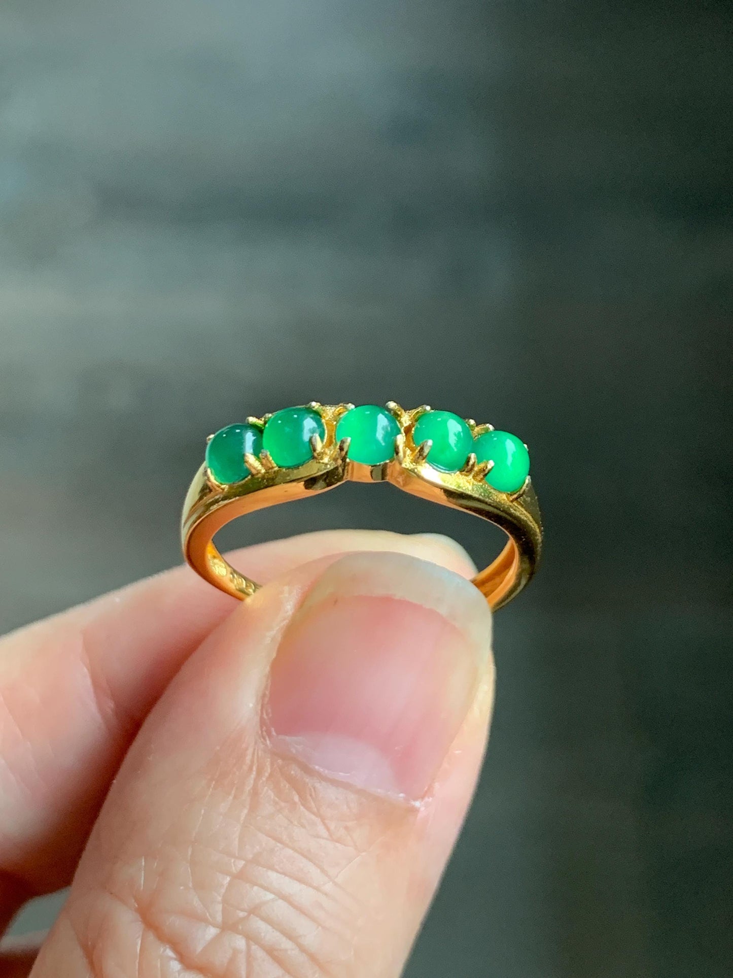 Natural Grade A Guatemalan Icy Translucent Vibrant Green 5-Stone Jade Jadeite Band Ring Sterling Silver Size Adjustable 天然冰危绿翡翠镶嵌排戒 WPJ77