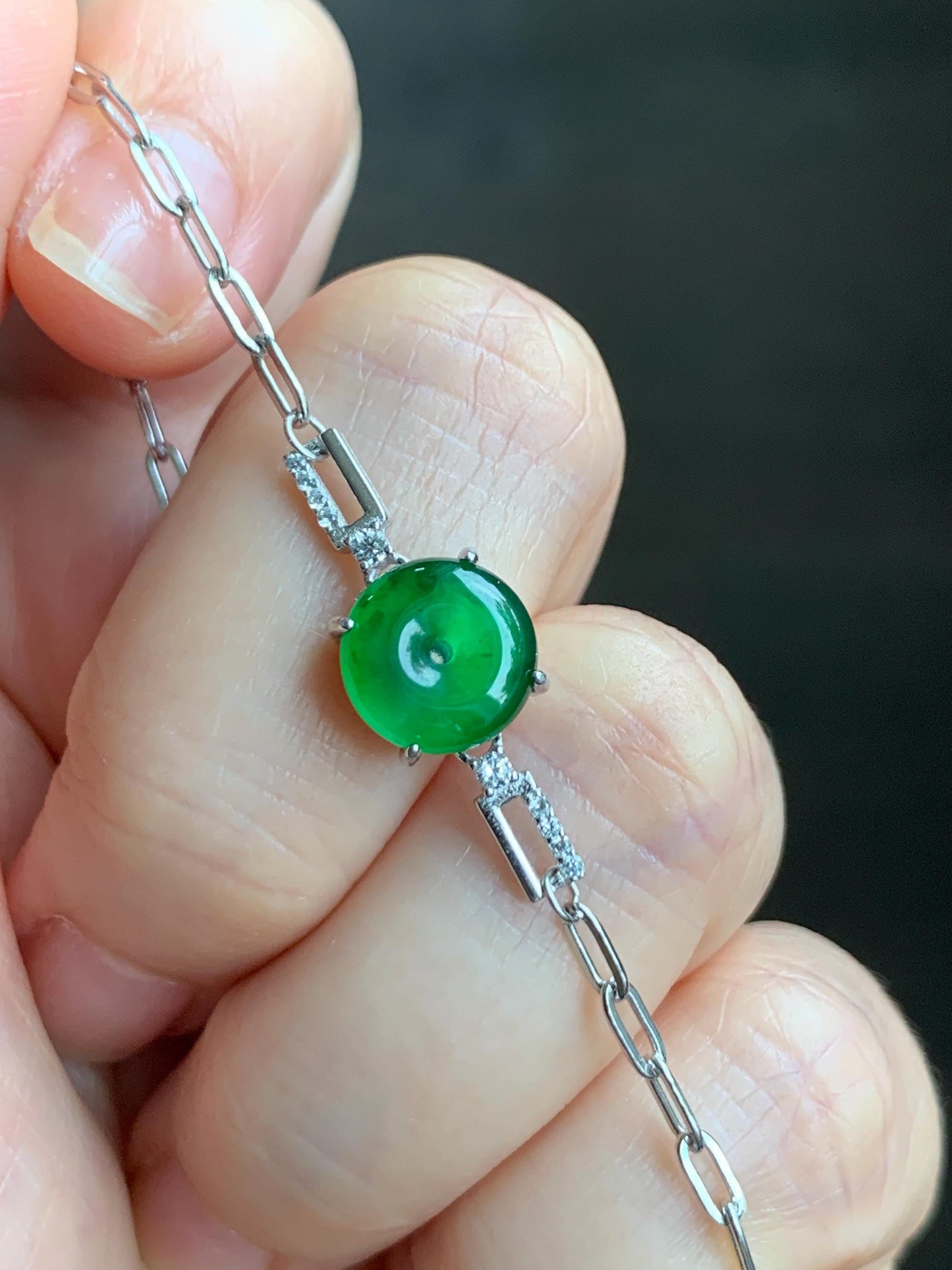 Natural Guatemalan Icy Translucent Vibrant Green Jadeite Mini Ping An Kou Donut Chain Bracelet Sterling Silver 天然冰危绿翡翠迷你平安扣银手链 PAL128Y