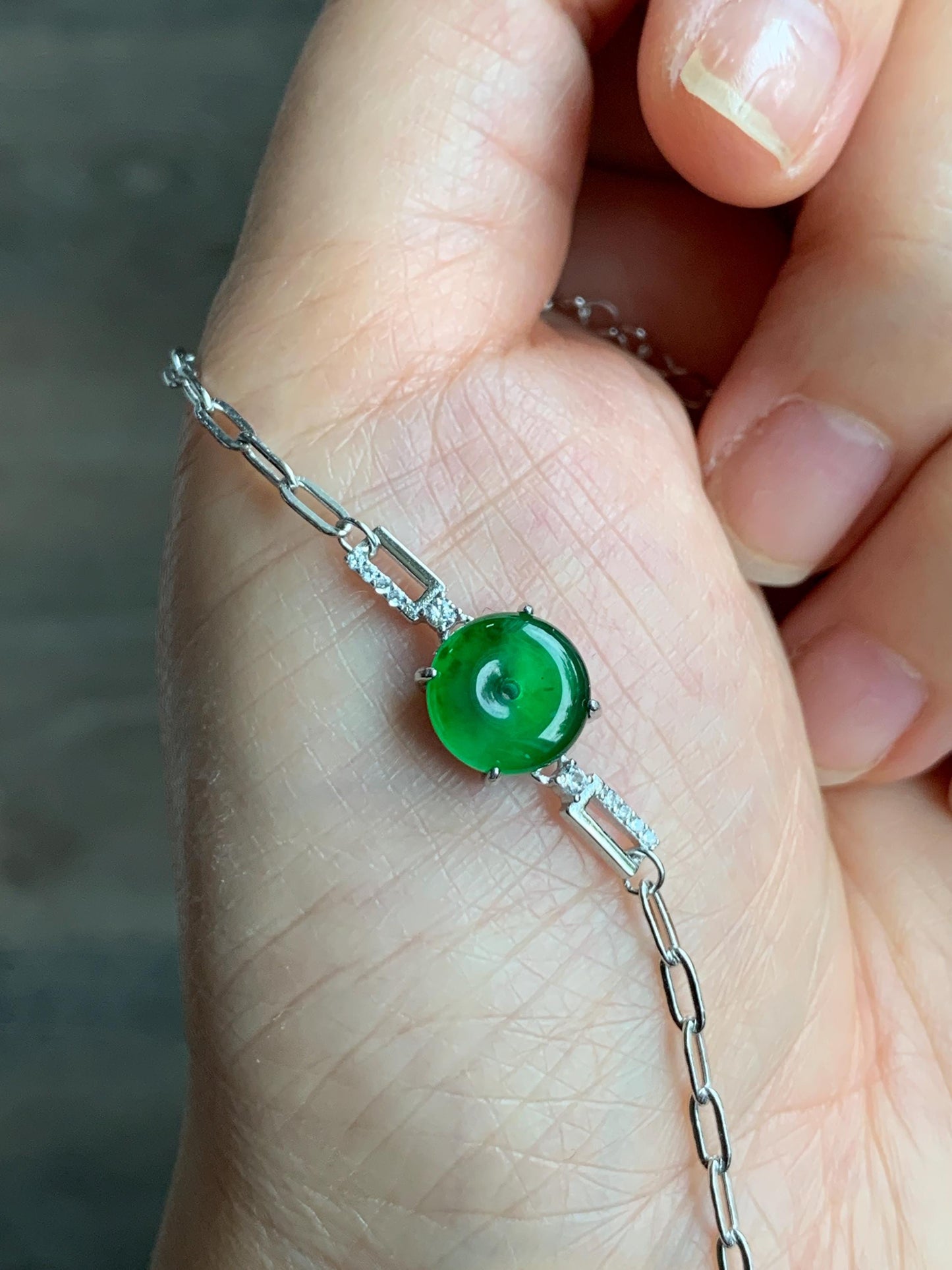 Natural Guatemalan Icy Translucent Vibrant Green Jadeite Mini Ping An Kou Donut Chain Bracelet Sterling Silver 天然冰危绿翡翠迷你平安扣银手链 PAL128Y