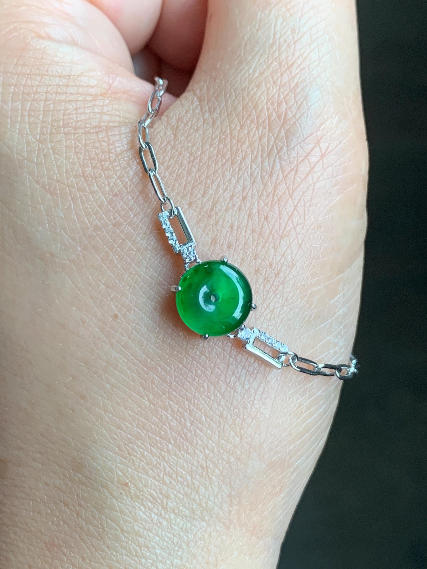 Natural Guatemalan Icy Translucent Vibrant Green Jadeite Mini Ping An Kou Donut Chain Bracelet Sterling Silver 天然冰危绿翡翠迷你平安扣银手链 PAL128Y