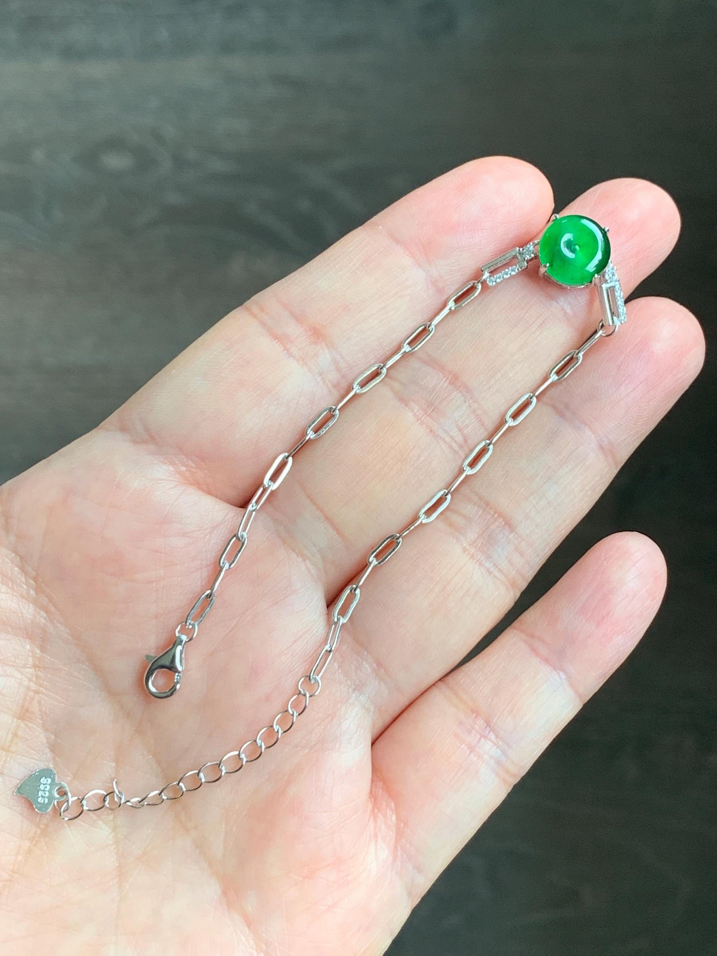 Natural Guatemalan Icy Translucent Vibrant Green Jadeite Mini Ping An Kou Donut Chain Bracelet Sterling Silver 天然冰危绿翡翠迷你平安扣银手链 PAL128Y