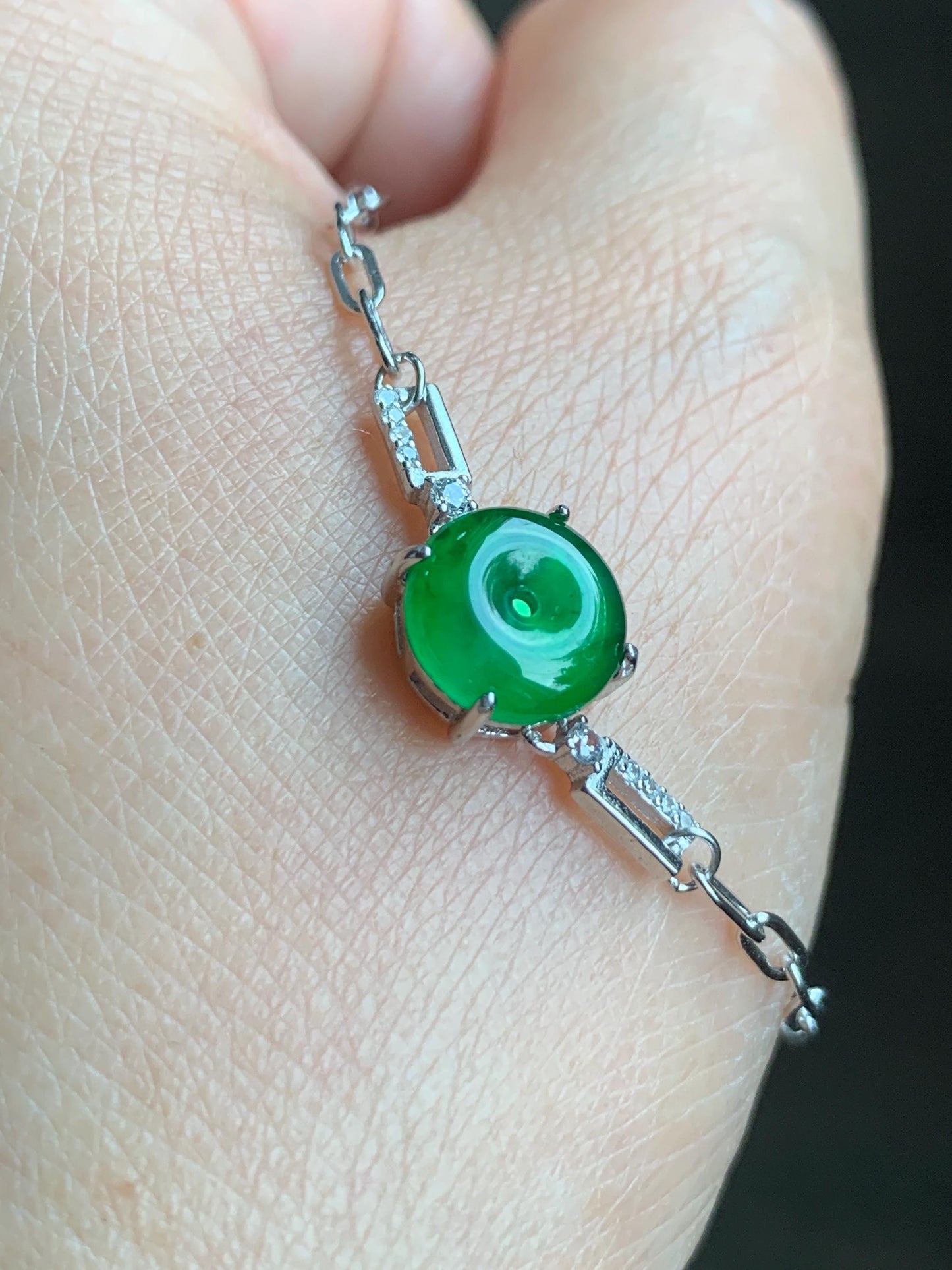 Natural Guatemalan Icy Translucent Vibrant Green Jadeite Mini Ping An Kou Donut Chain Bracelet Sterling Silver 天然冰危绿翡翠迷你平安扣银手链 PAL128Y