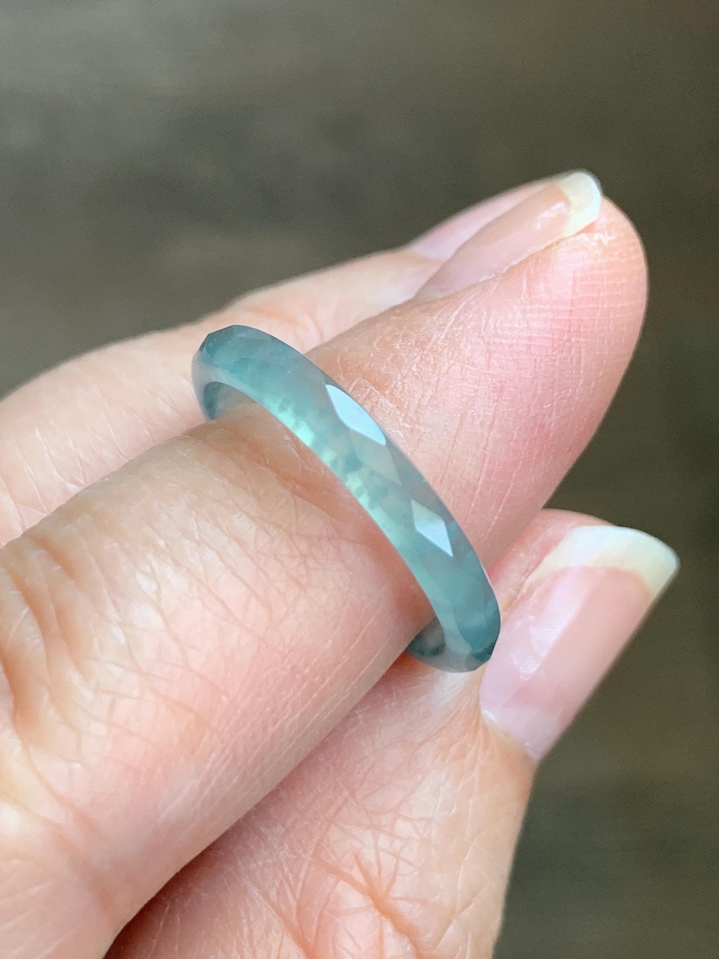Natural Guatemalan Icy Highly Translucent Gelatinous Pastel Teal Blue Jadeite Diamond Faceted Slim Band Ring Size 6.5 天然冰危浅蓝起光翡翠切割面戒圈 DLQG-D