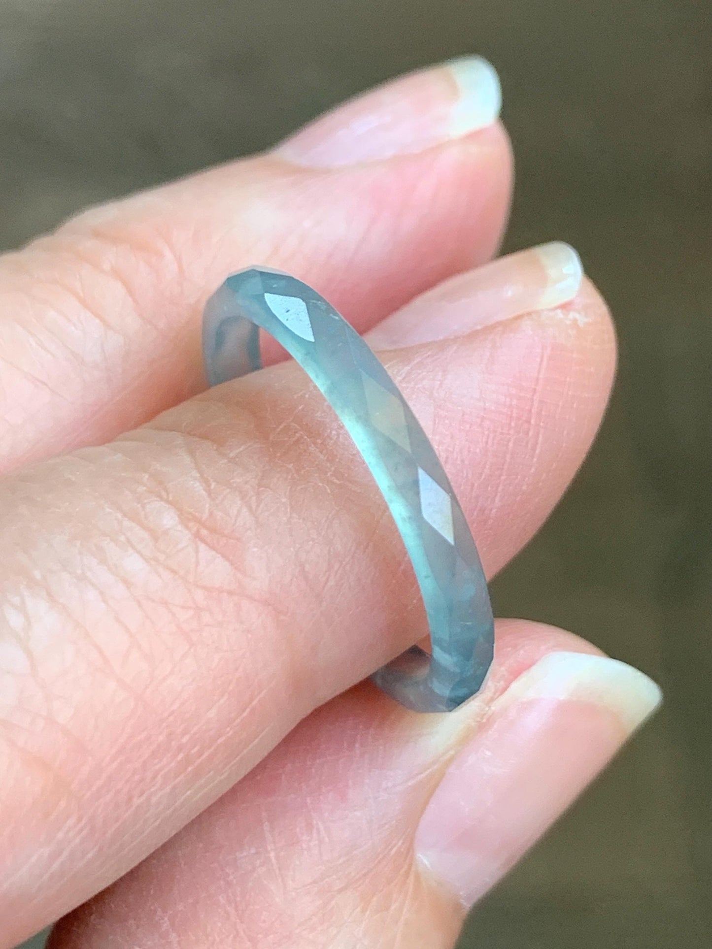 Natural Guatemalan Icy Highly Translucent Gelatinous Pastel Teal Blue Jadeite Diamond Faceted Slim Band Ring Sz 7.25 天然冰危浅蓝起光翡翠切割面戒圈 DLQG-C