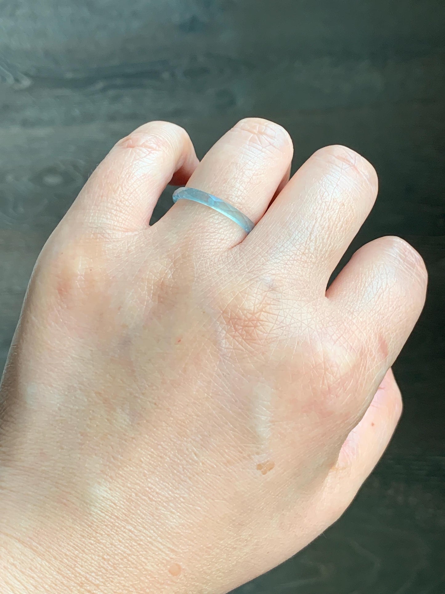 Natural Guatemalan Icy Highly Translucent Gelatinous Pastel Teal Blue Jadeite Diamond Faceted Slim Band Ring Sz 7.75 天然冰危浅蓝起光翡翠切割面戒圈 DLQG-A