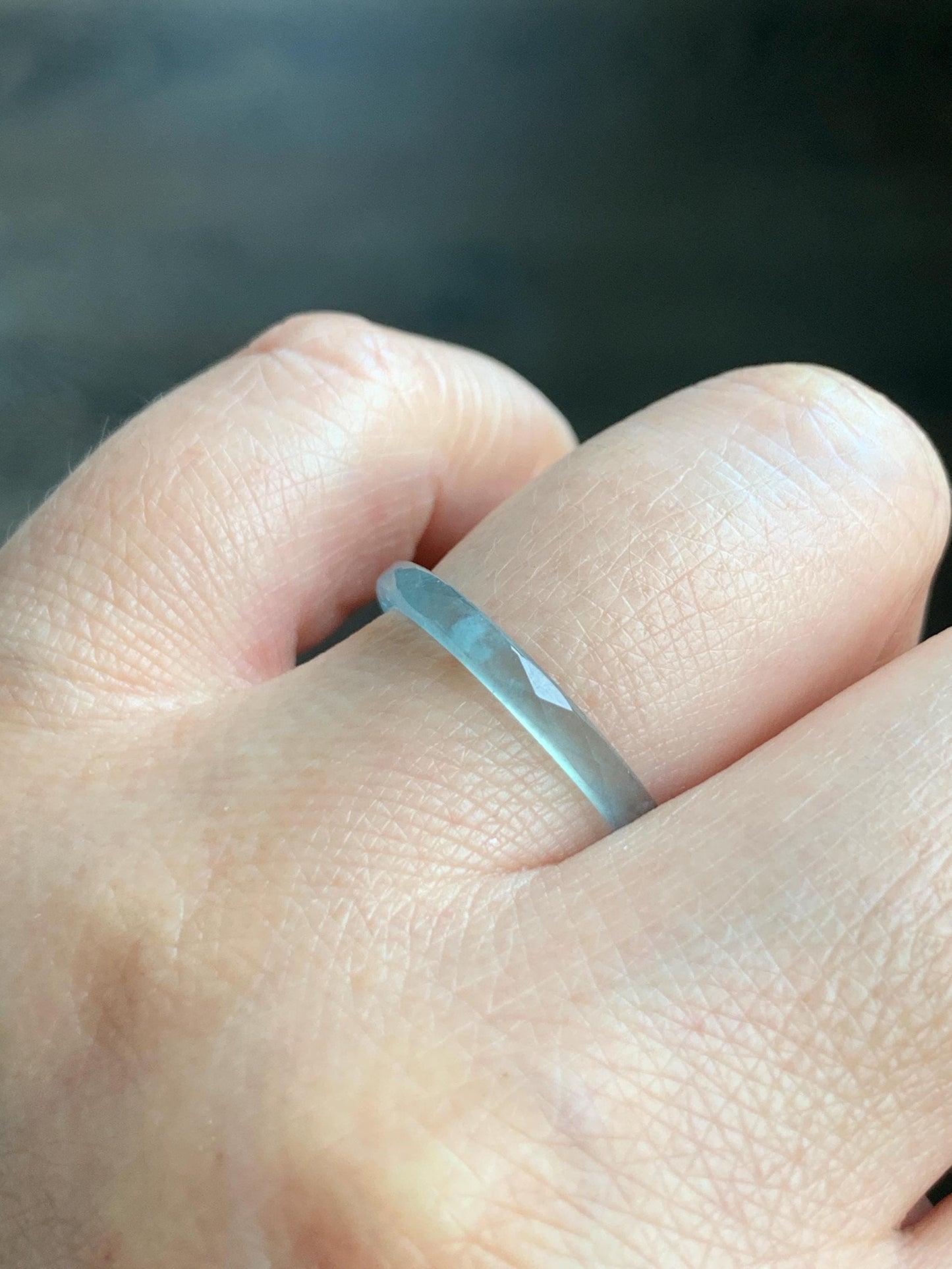 Natural Guatemalan Icy Highly Translucent Gelatinous Pastel Teal Blue Jadeite Diamond Faceted Slim Band Ring Sz 7.75 天然冰危浅蓝起光翡翠切割面戒圈 DLQG-A